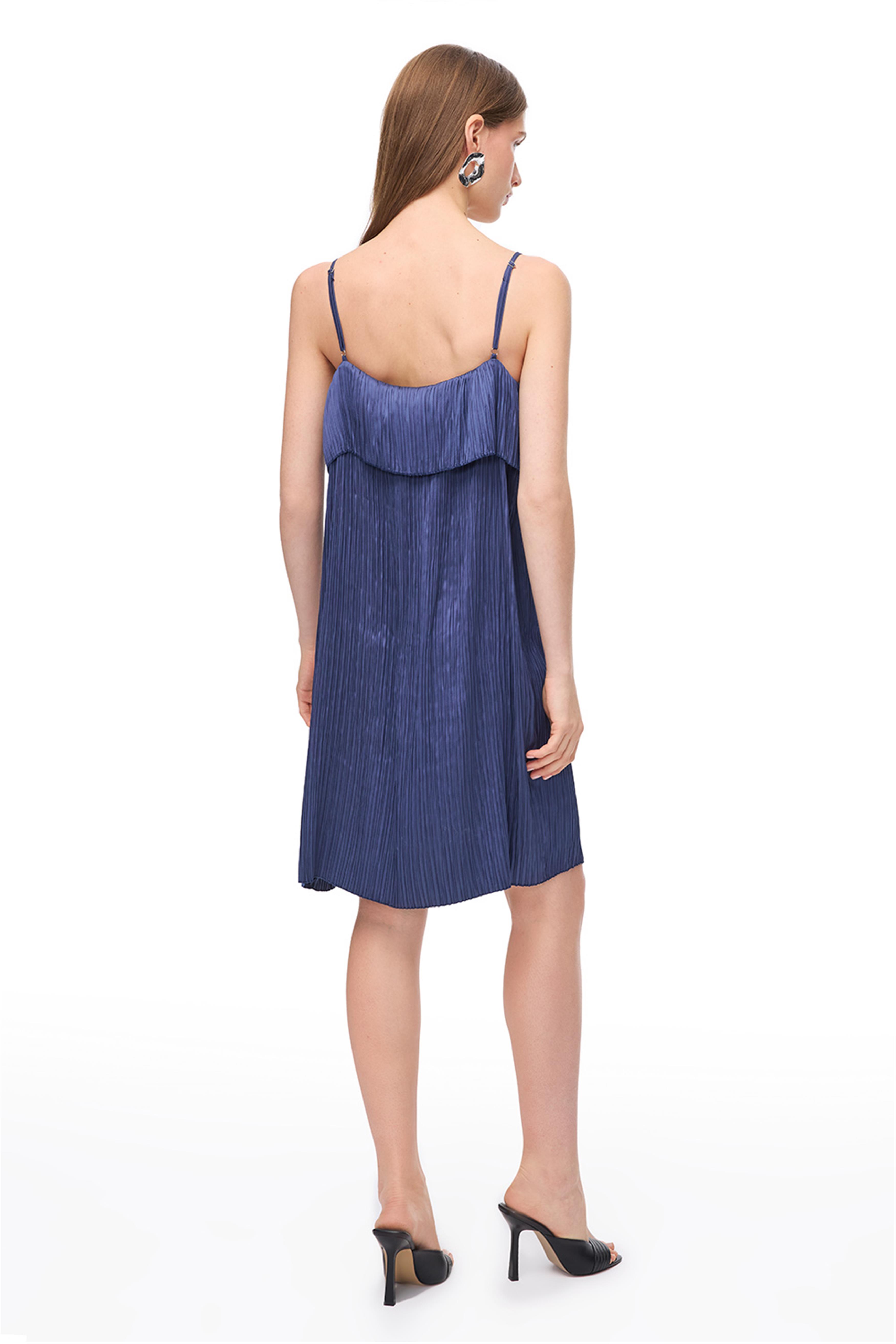 Lacivert Askılı Mini Polyester Elbise