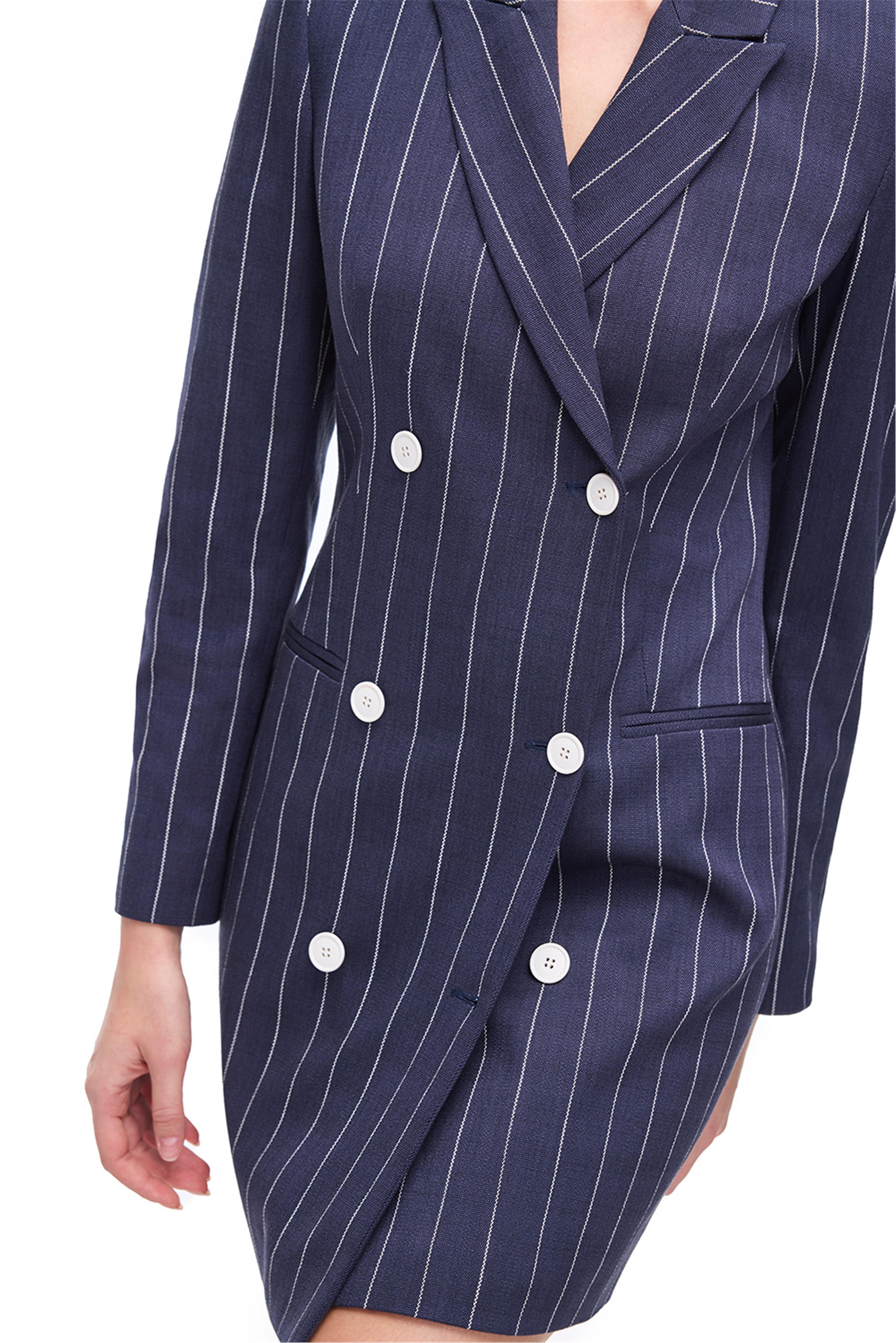 Lacivert Çizgili Klasik Yaka Düğmeli Elbise
