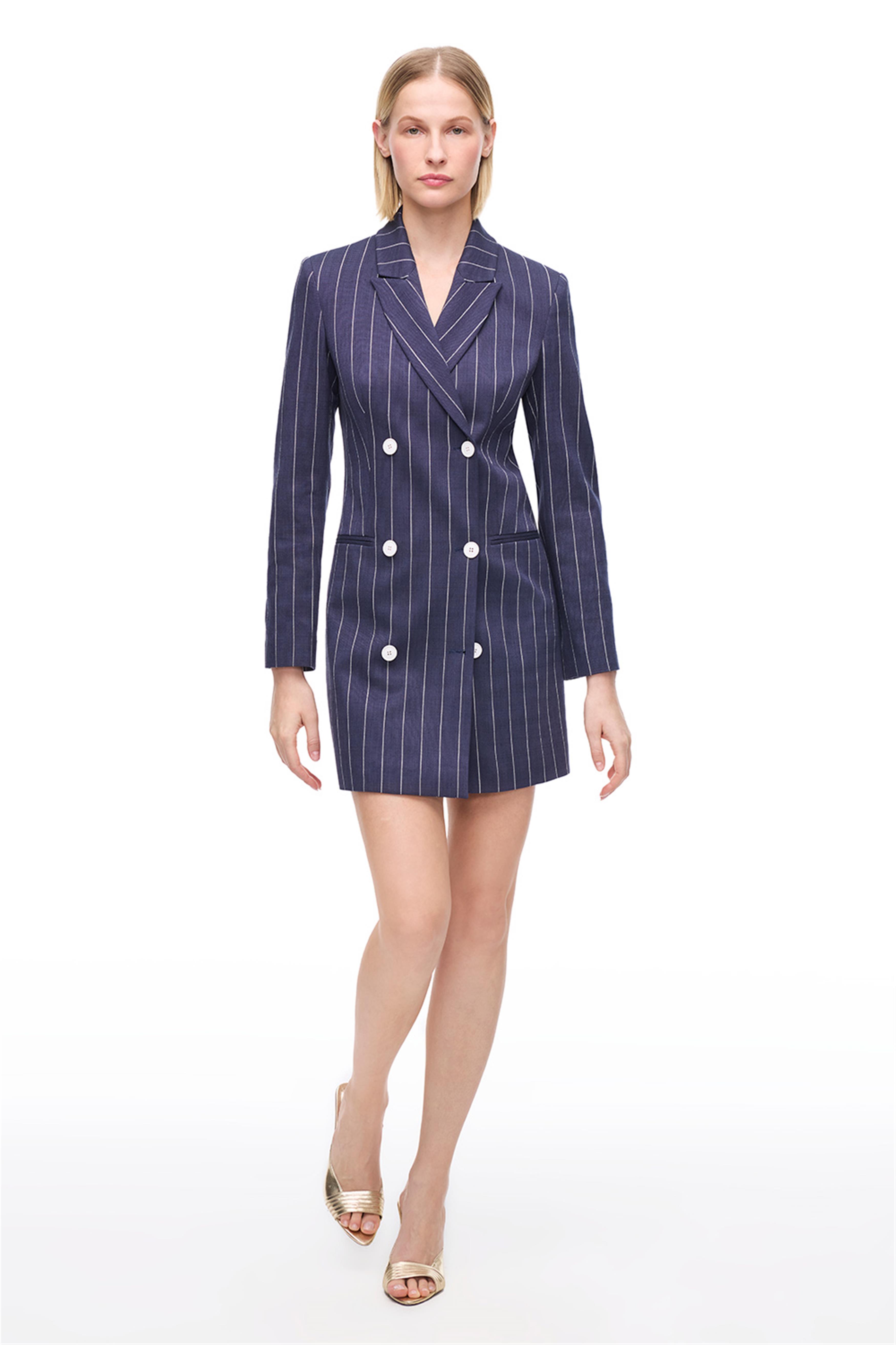 Lacivert Çizgili Klasik Yaka Düğmeli Elbise