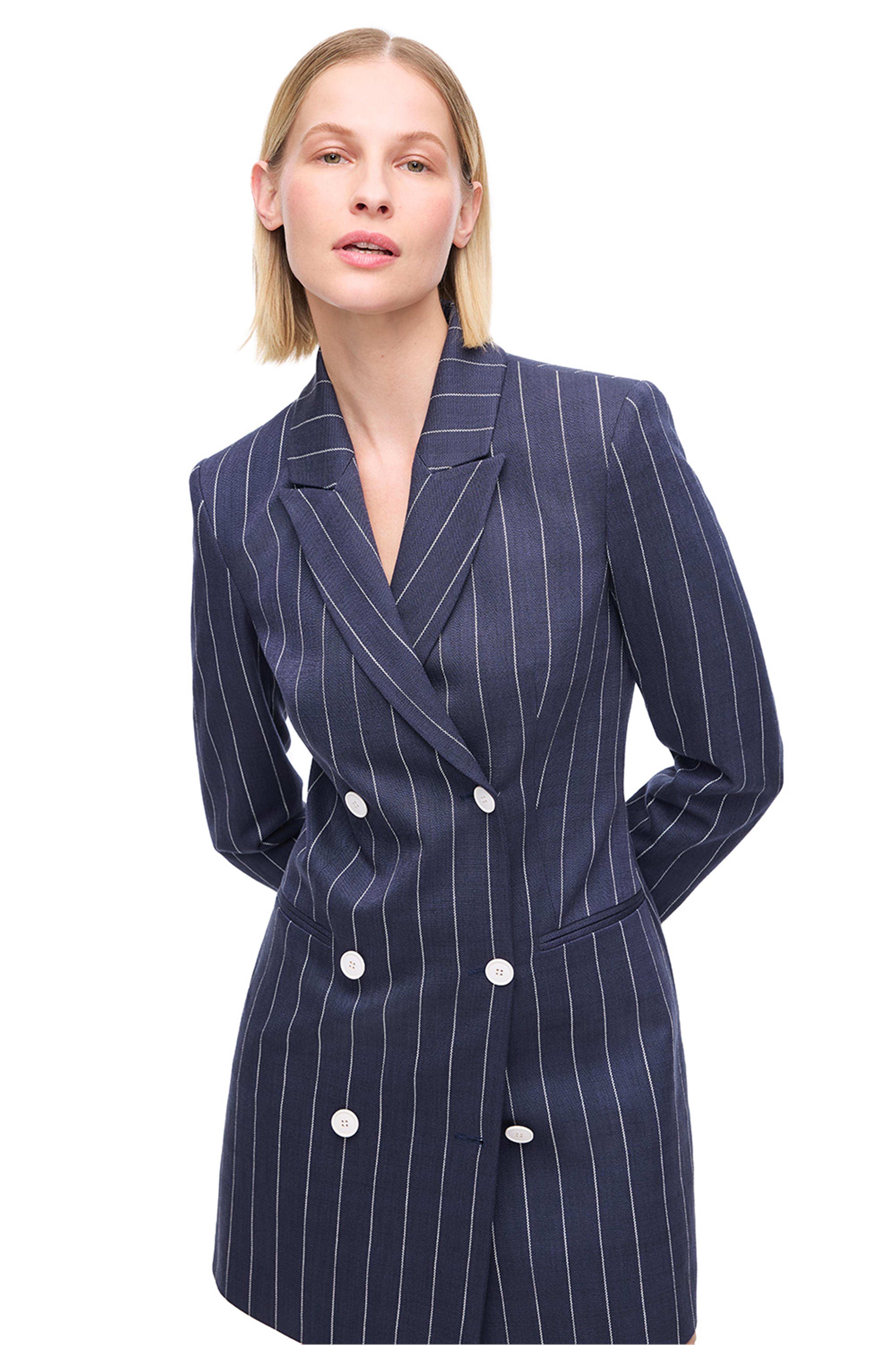 Lacivert Çizgili Klasik Yaka Düğmeli Elbise