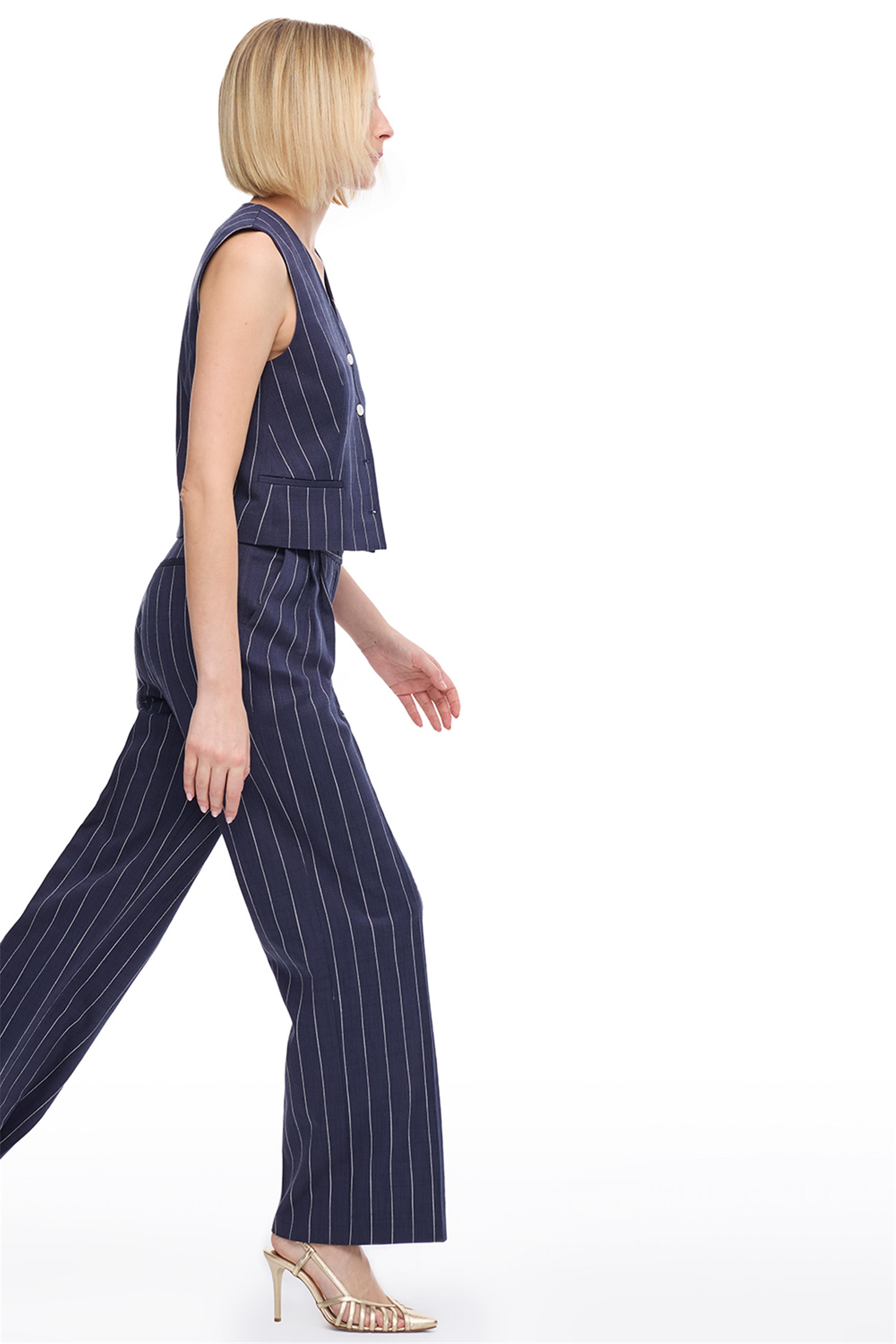 Lacivert Çizgili V Yaka Yelek