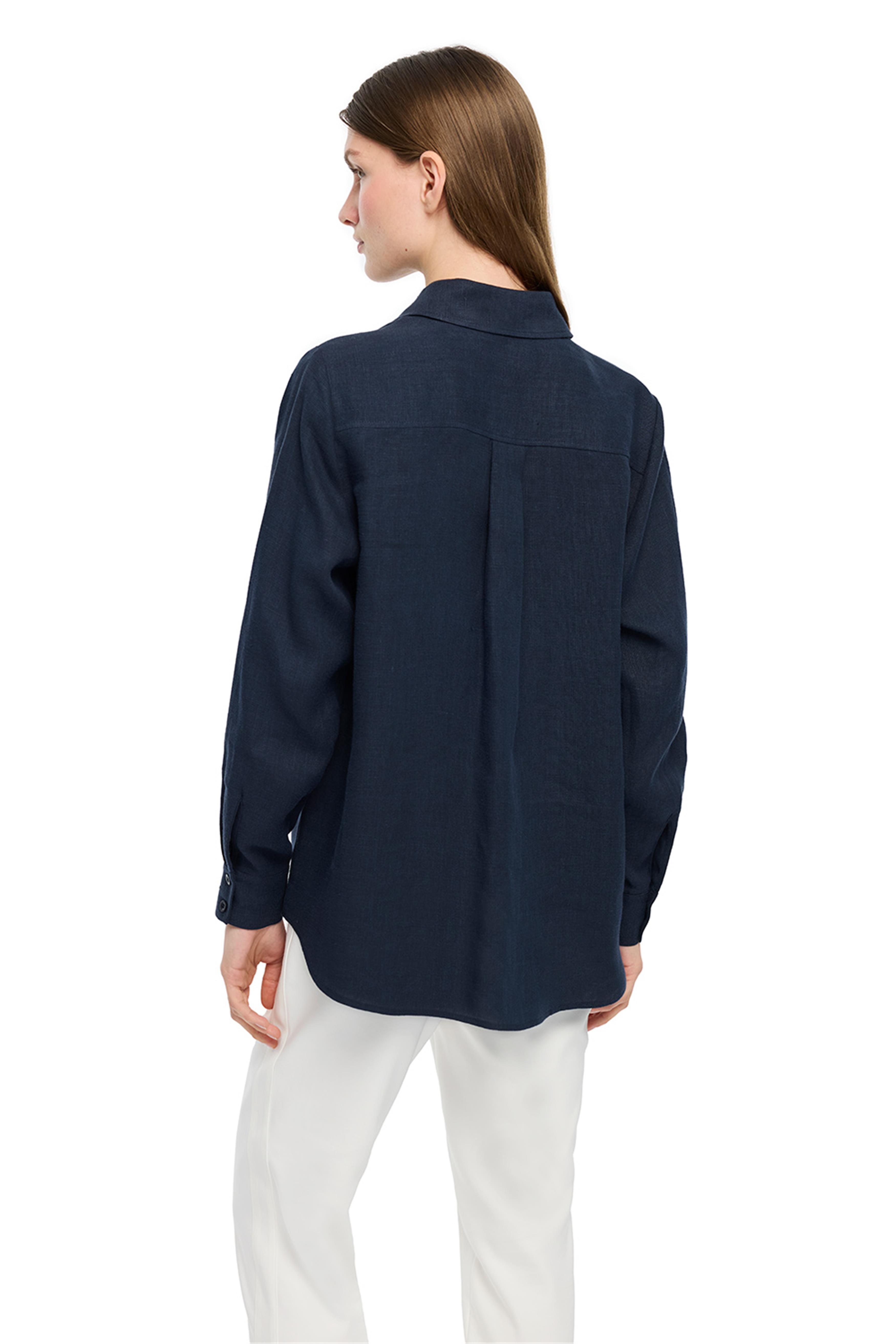 Lacivert Düşük Omuzlu Keten Gömlek