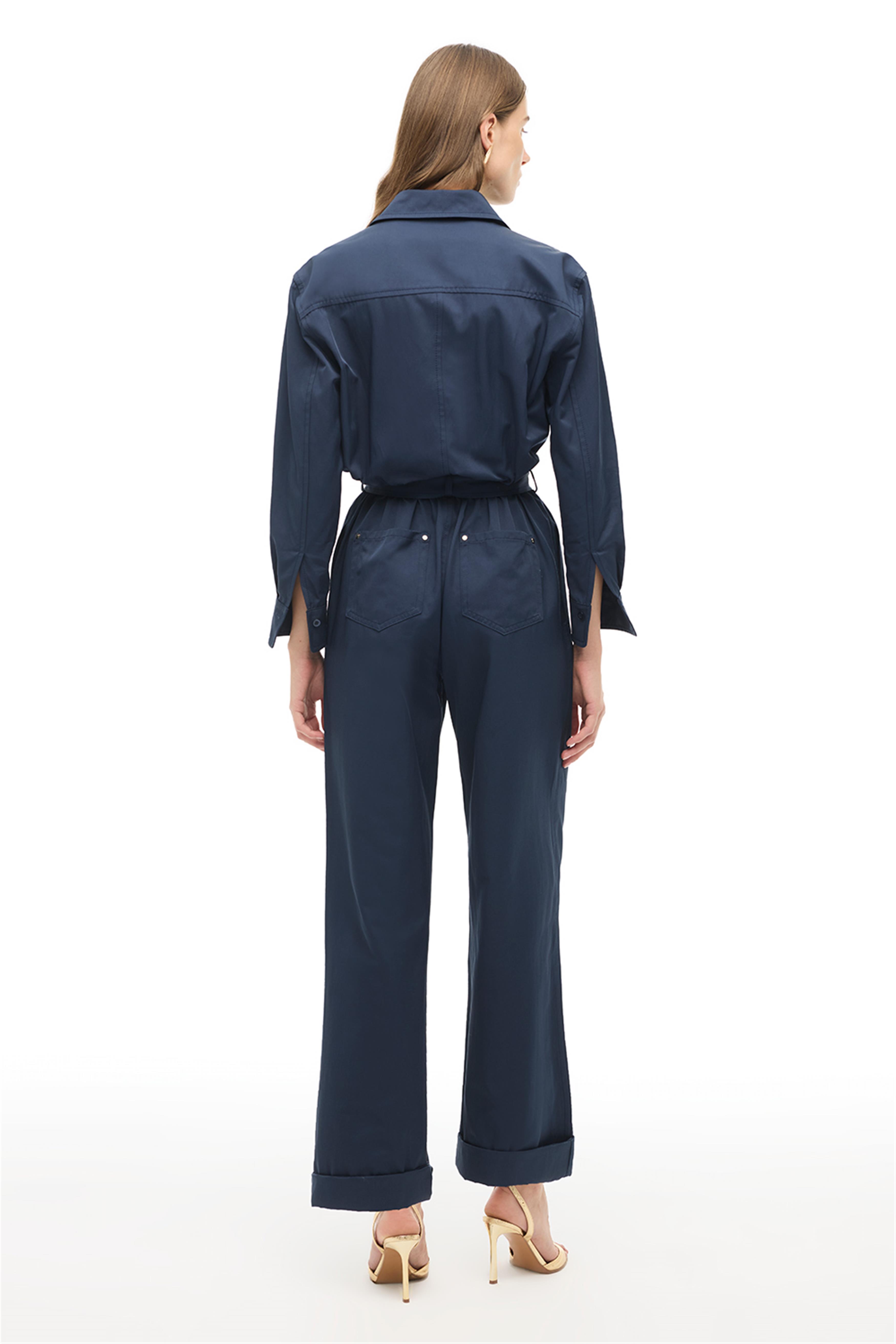 Lacivert Gömlek Yaka Boru Paça Tulum