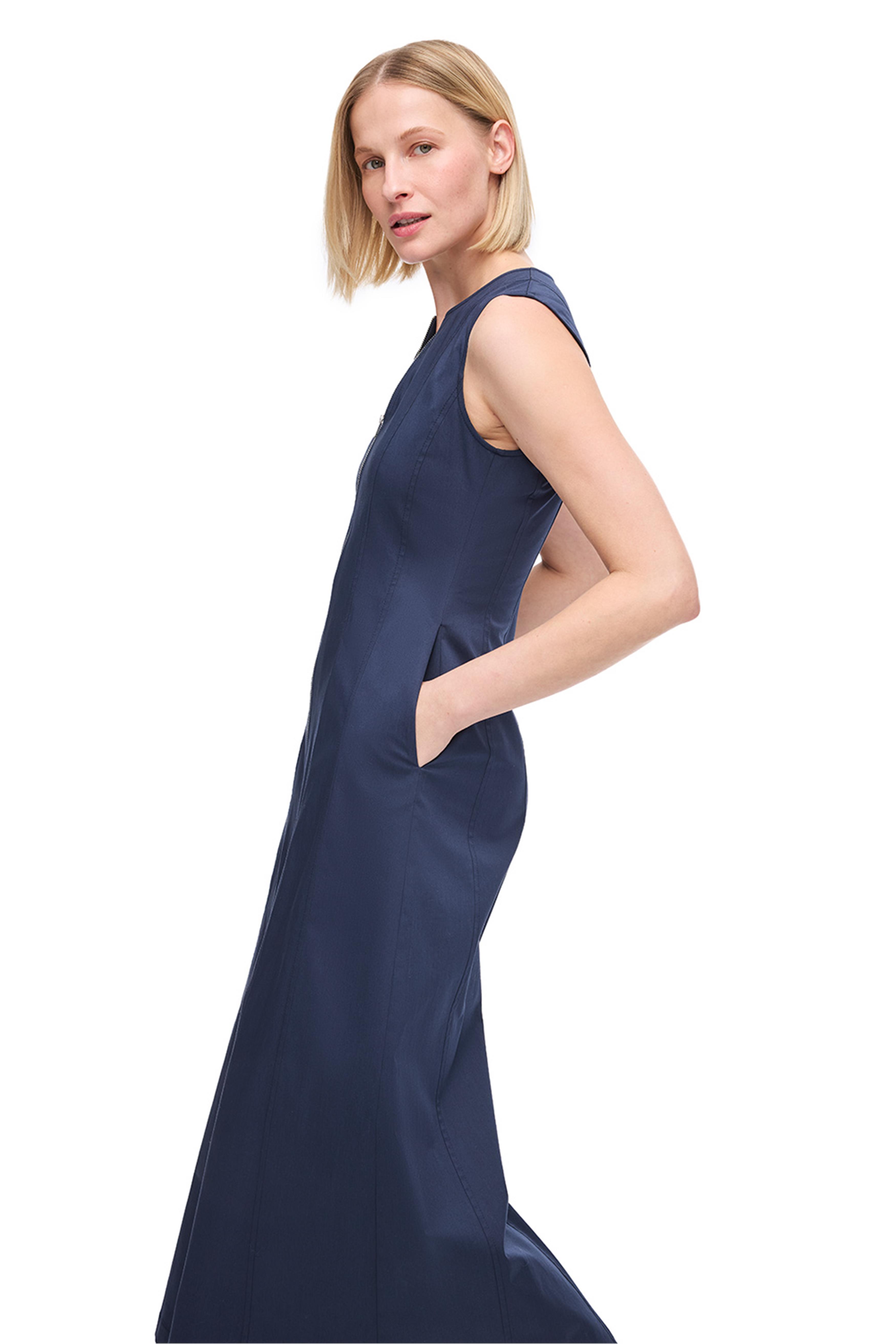 Lacivert Keten Karışımlı Fermuarlı Uzun Elbise