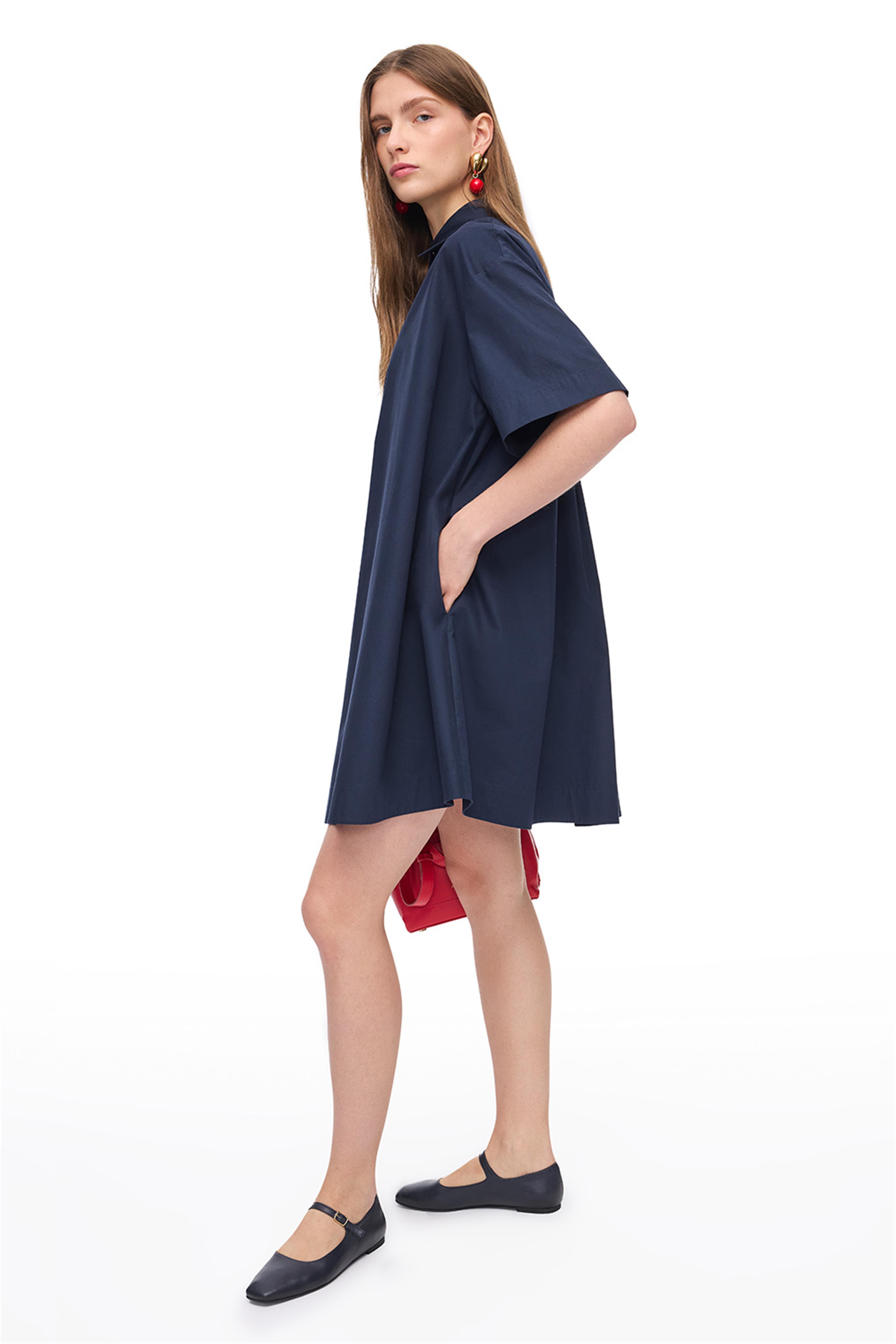 Lacivert Mini GömlekPamuklu Elbise