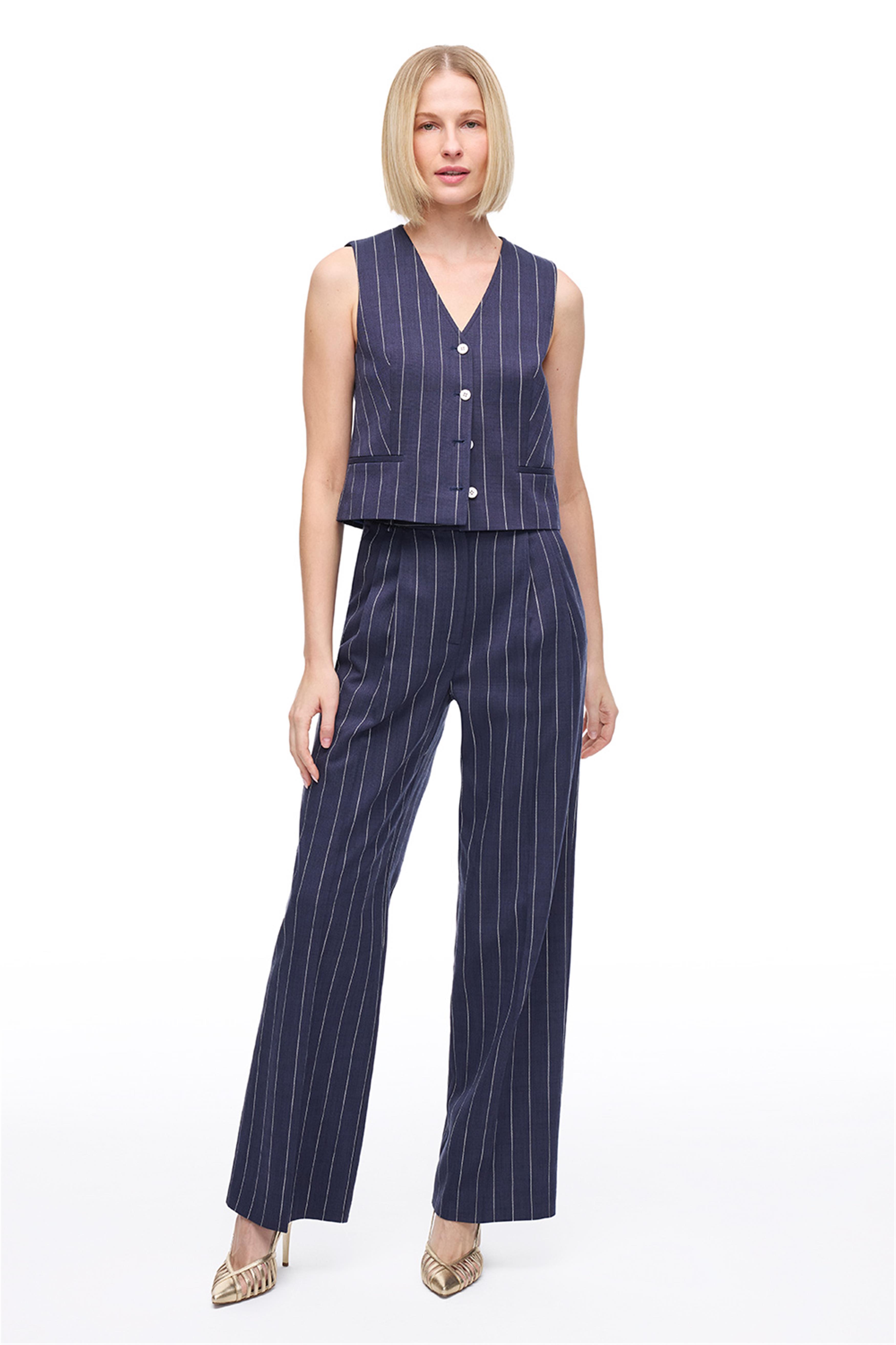 Lacivert Yüksek Bel Çizgili Palazzo Pantolon