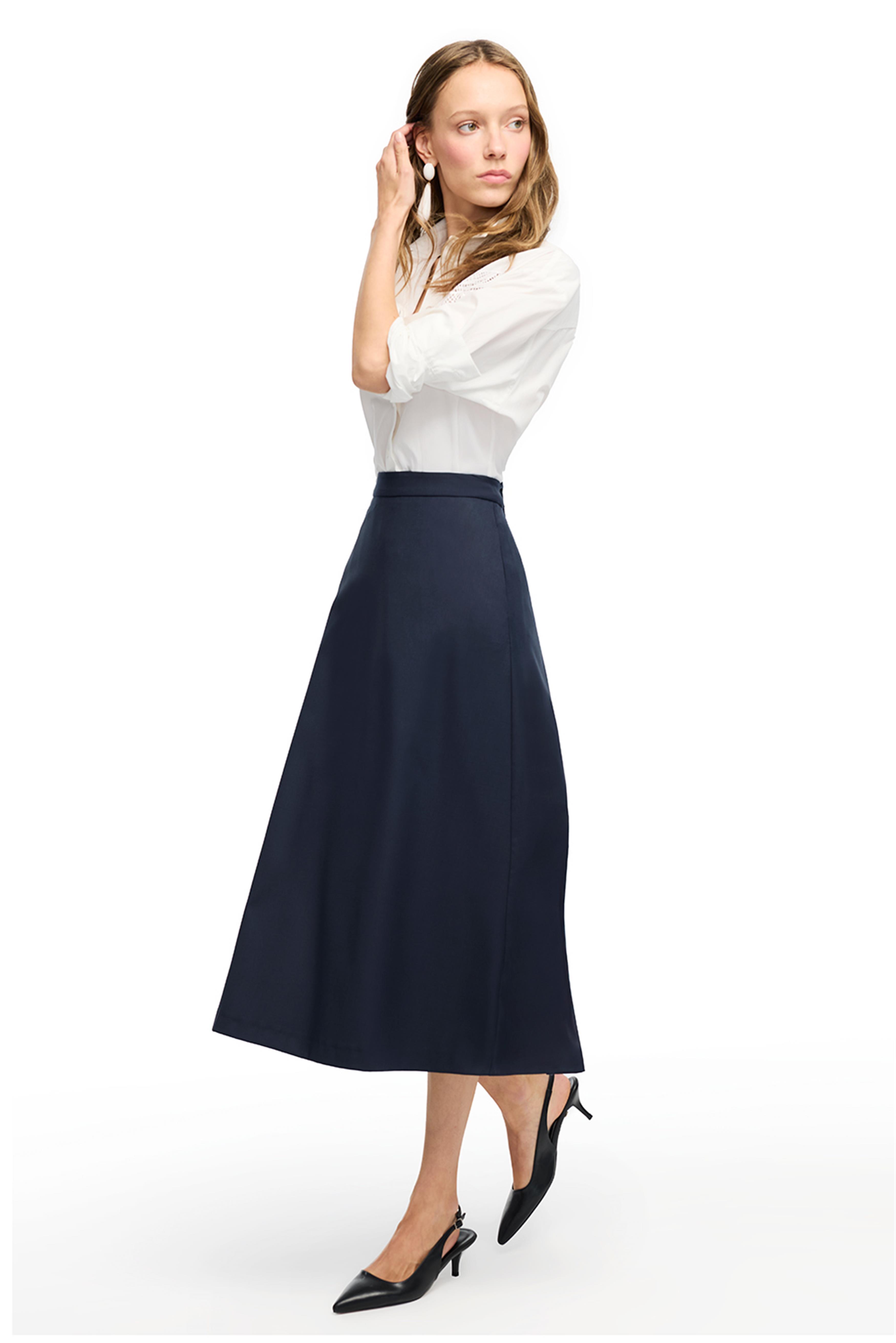 Lacivert Yüksek Bel Midi Etek