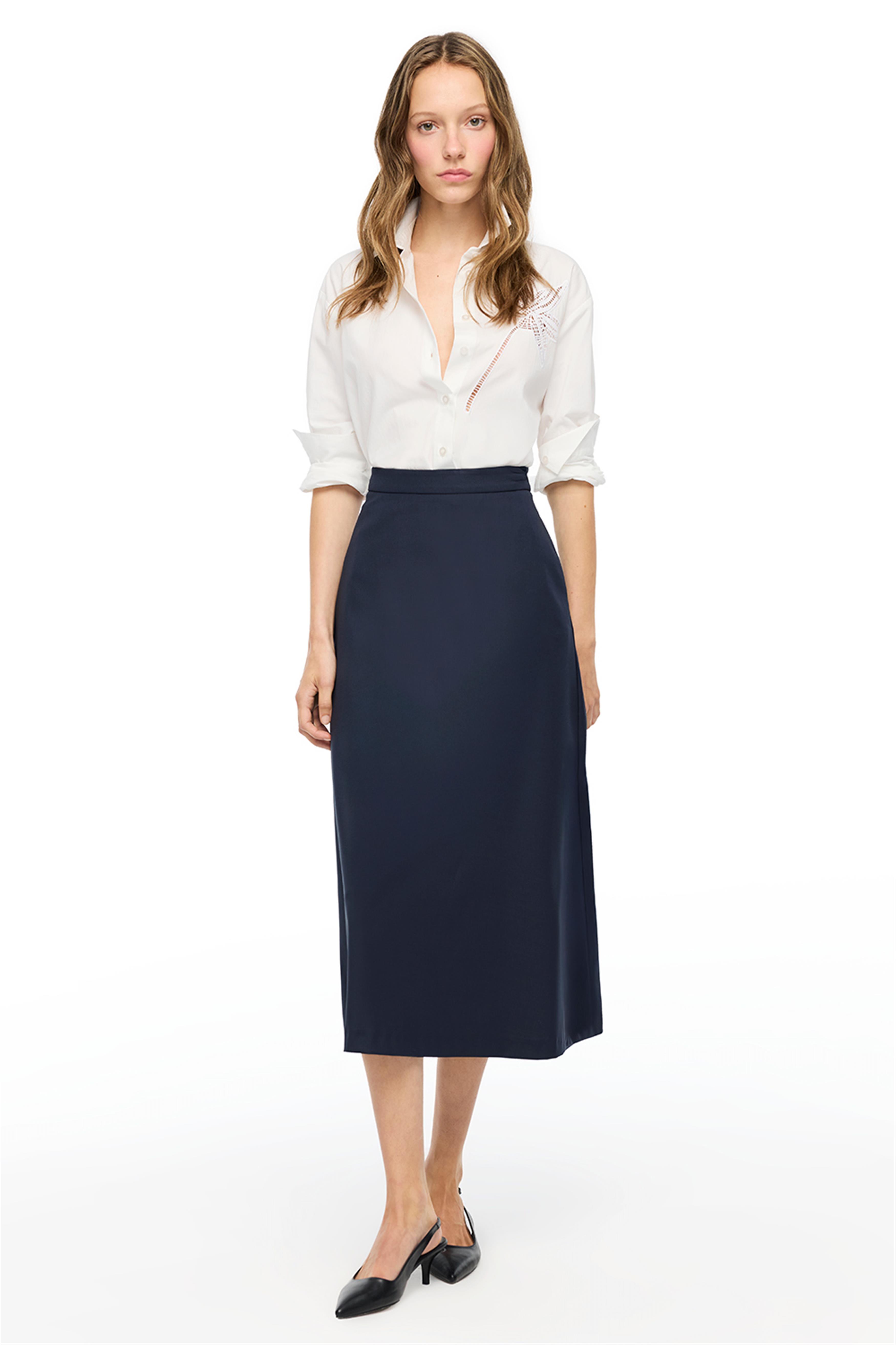 Lacivert Yüksek Bel Midi Etek