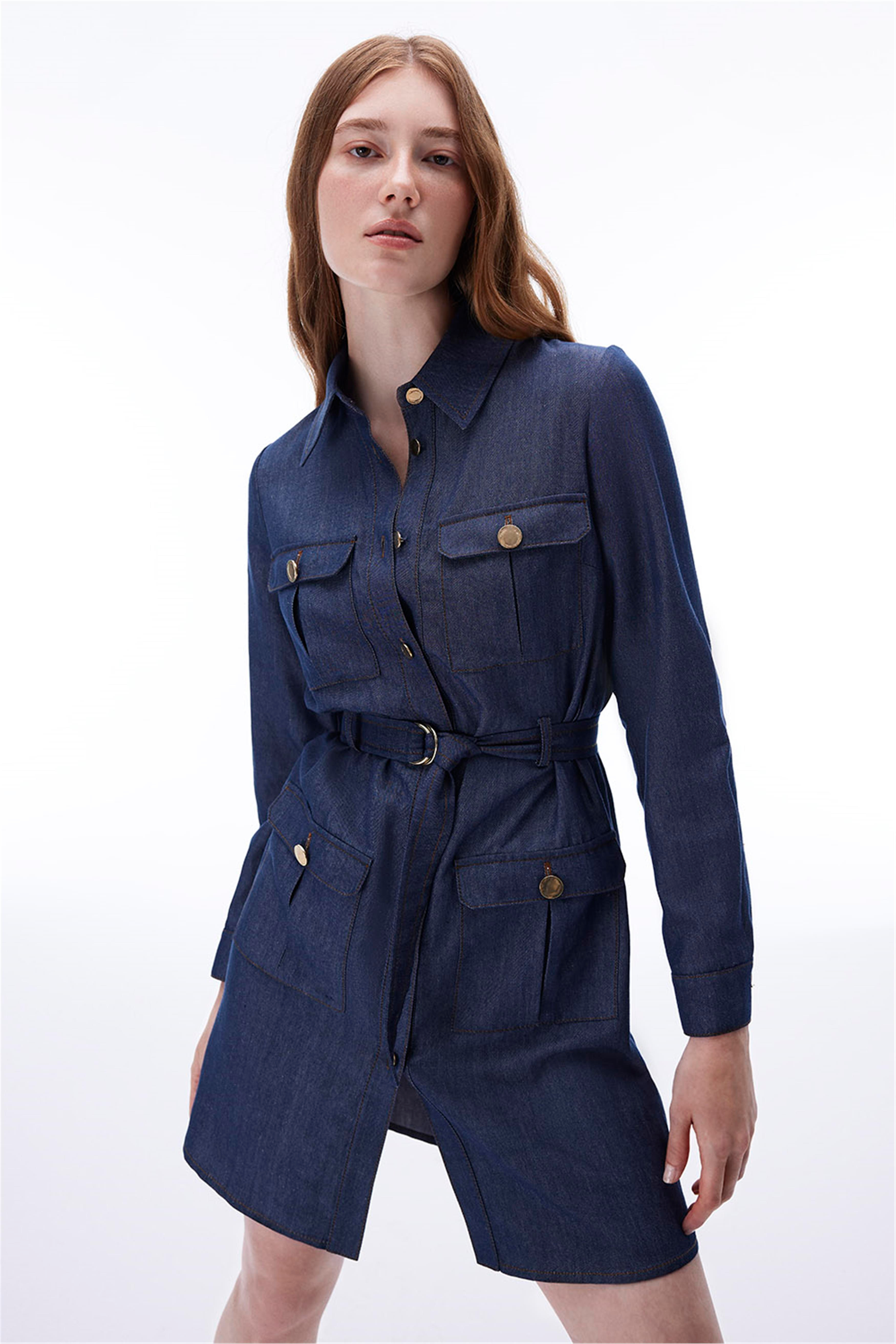 Latibule Regular Fit Diz Üstü Takma Kol Gömlek Yaka İndigo Renk Elbise