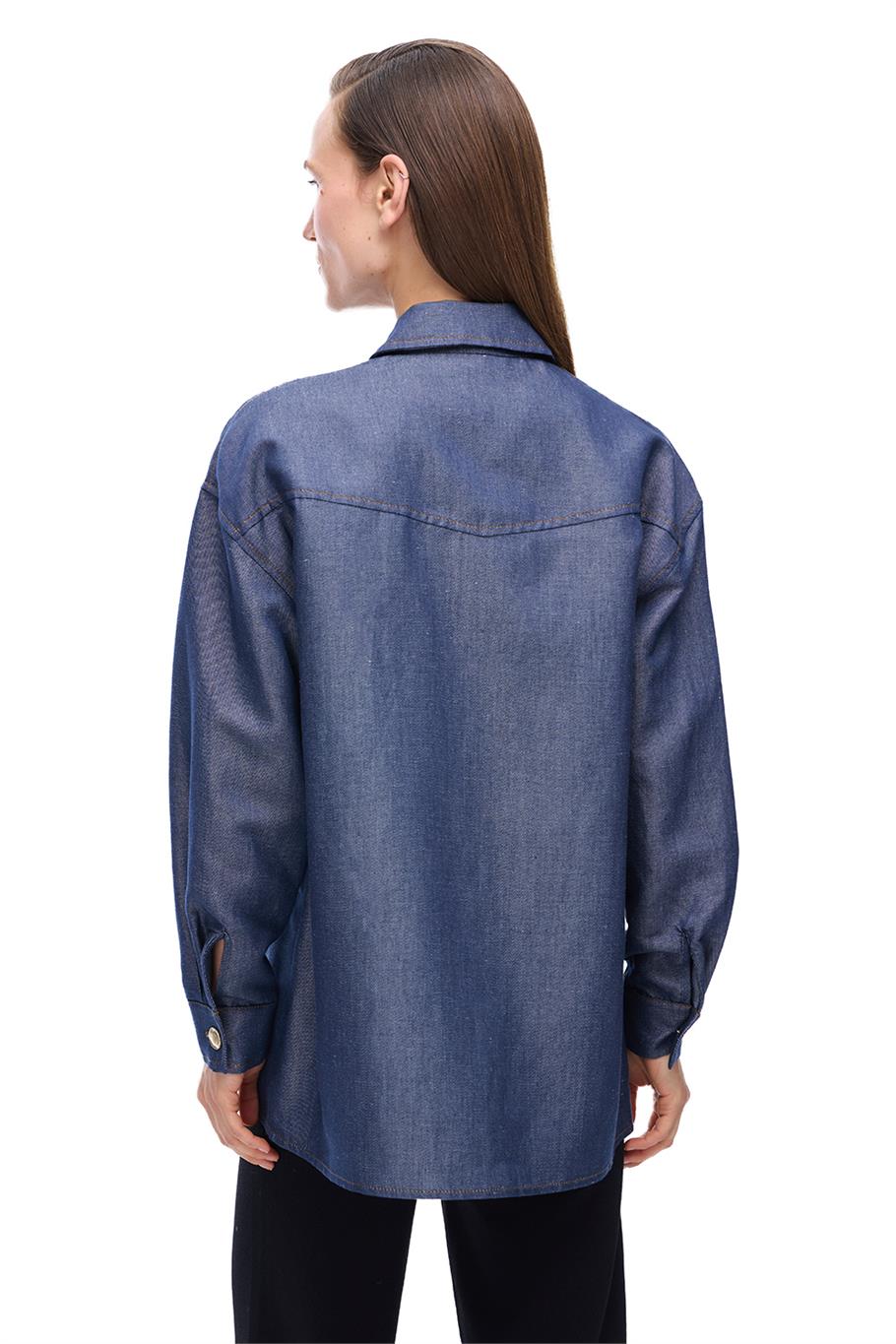 Latibule Regular Fit Standart Boy Takma Kol Gömlek Yaka İndigo Renk Kadın Gömlek