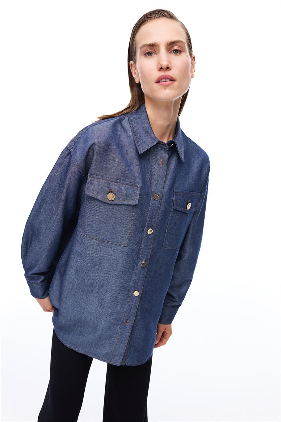 Latibule Regular Fit Standart Boy Takma Kol Gömlek Yaka İndigo Renk Kadın Gömlek