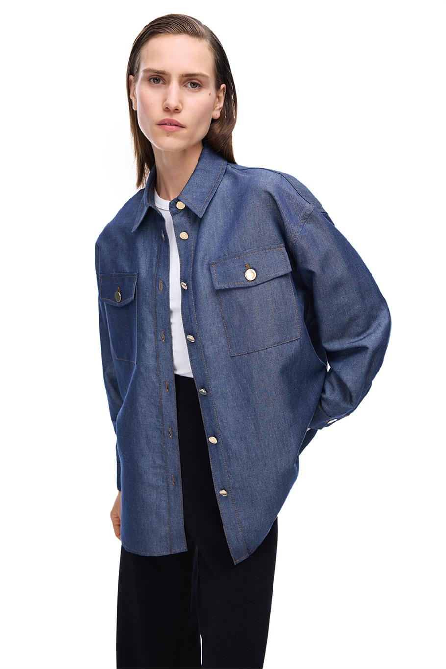 Latibule Regular Fit Standart Boy Takma Kol Gömlek Yaka İndigo Renk Kadın Gömlek