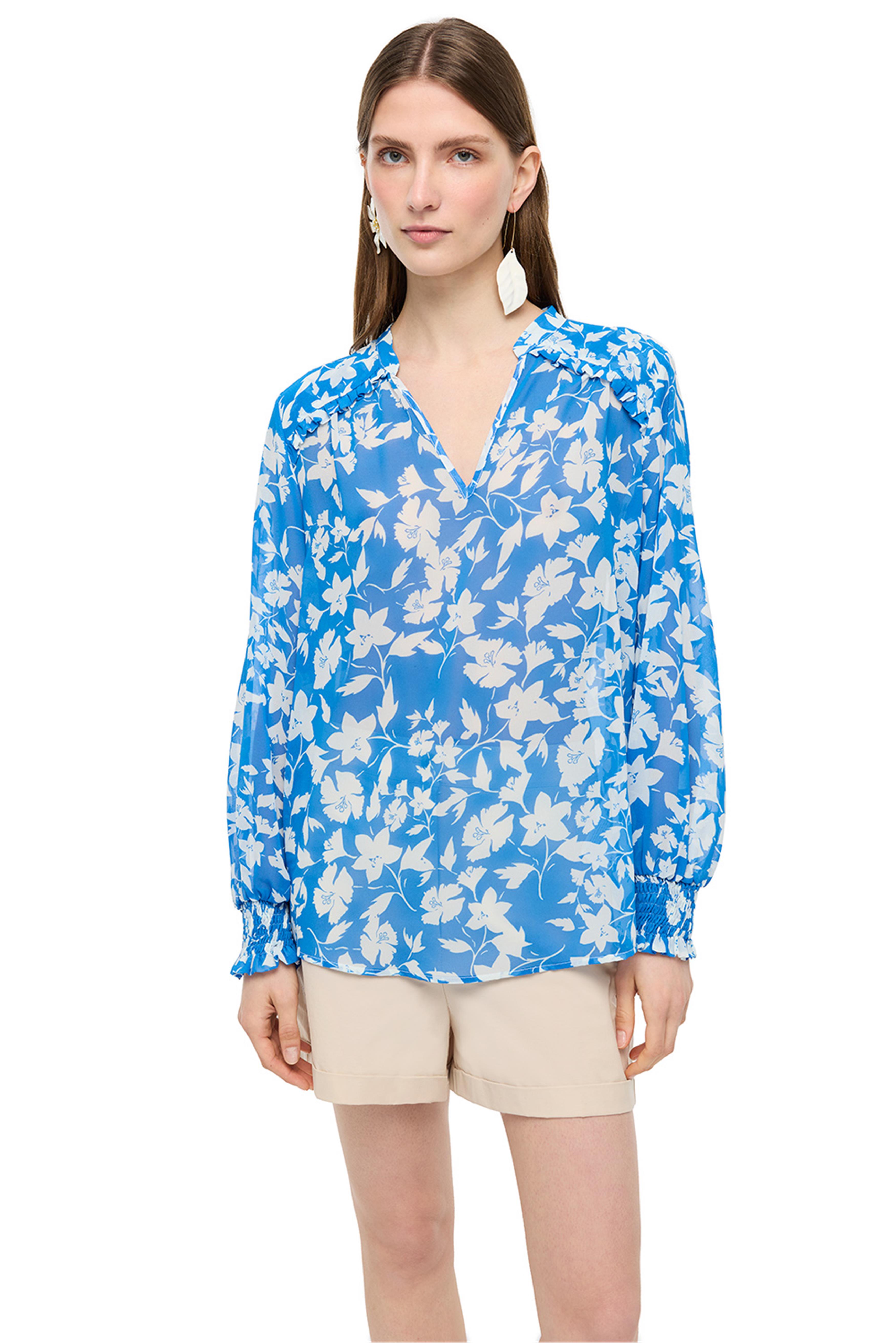 Mavi Beyaz Desenli Bisiklet Yaka Bluz