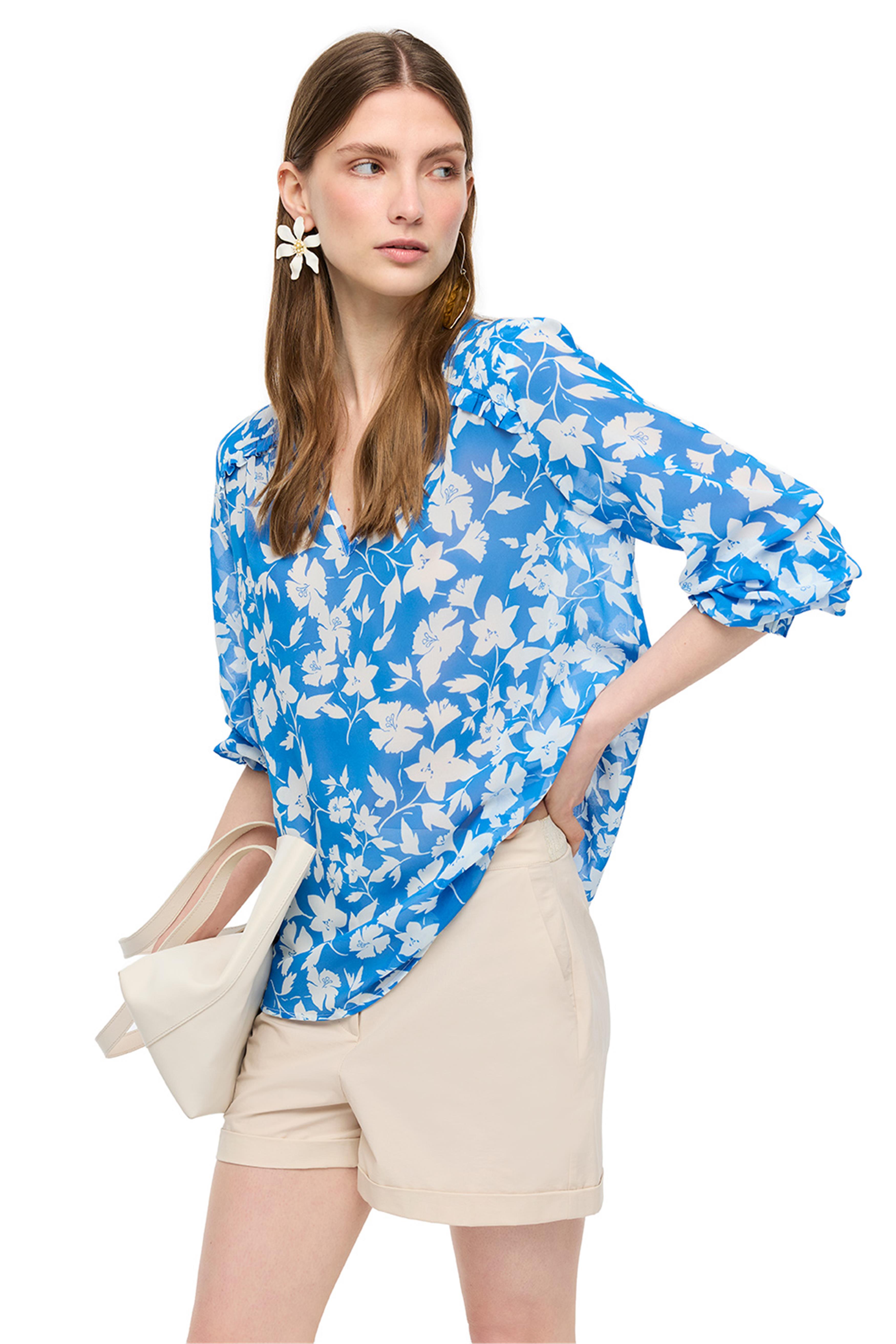 Mavi Beyaz Desenli Bisiklet Yaka Bluz