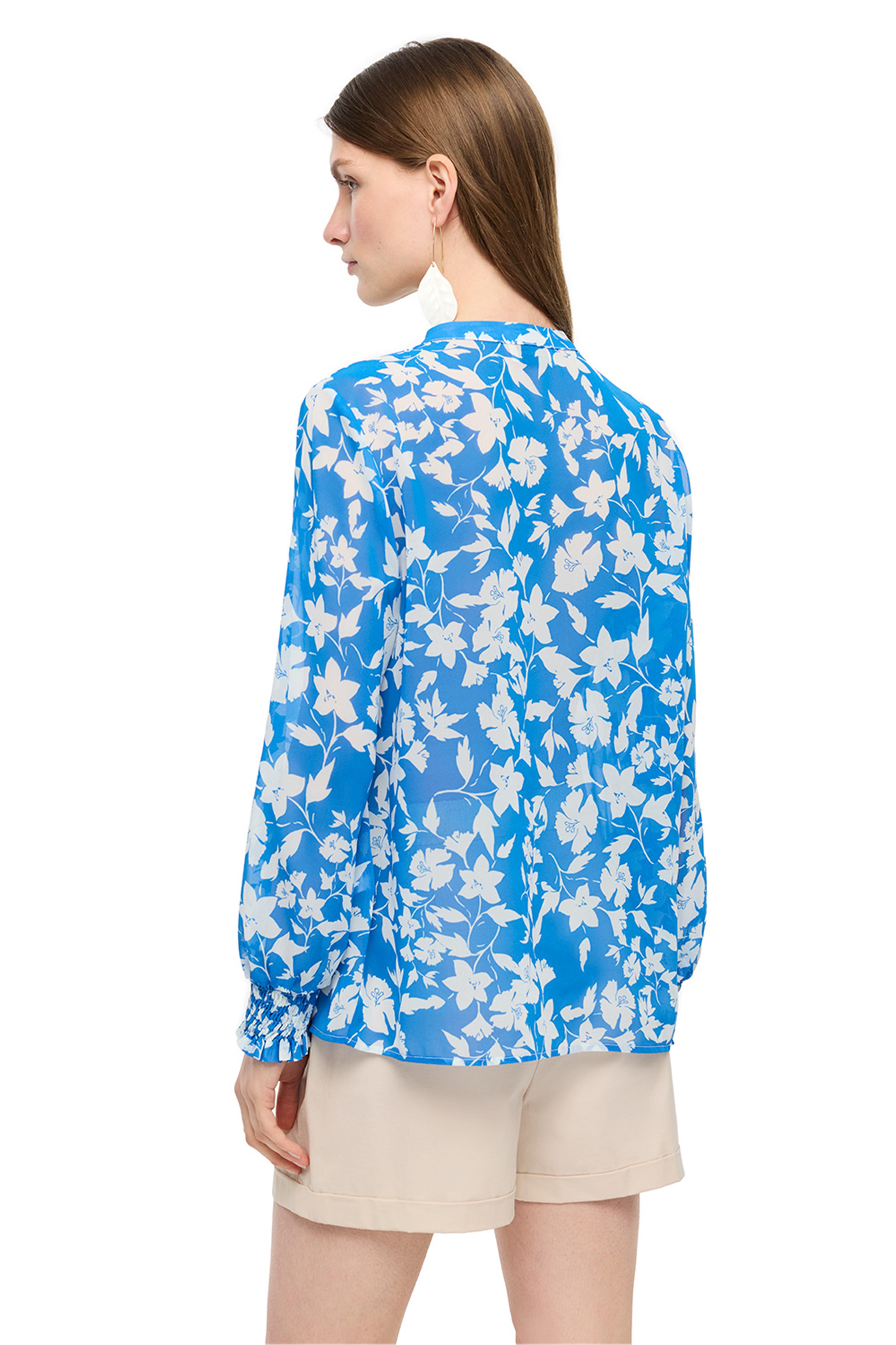 Mavi Beyaz Desenli Bisiklet Yaka Bluz