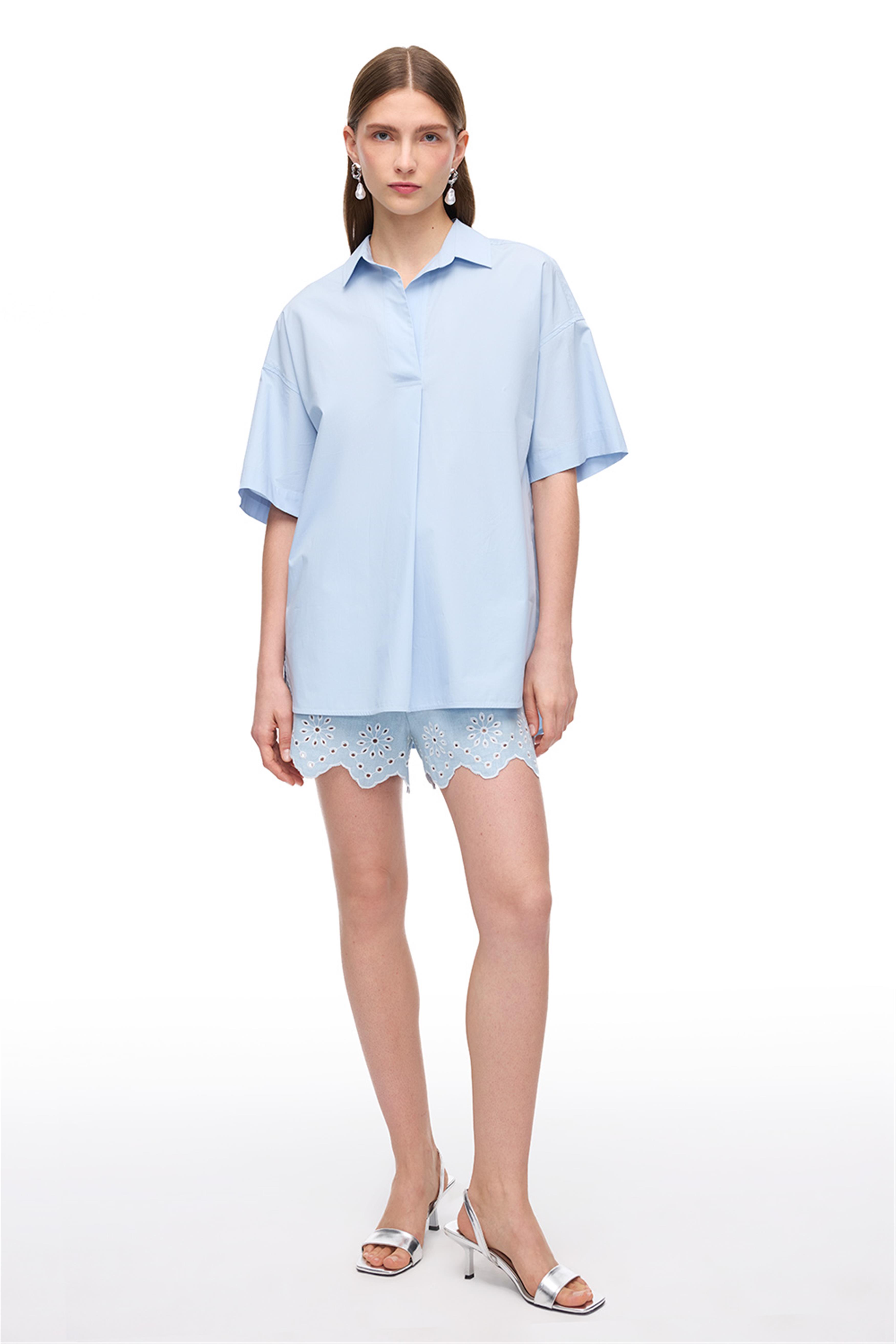 Mavi V Yaka Pamuklu Bluz