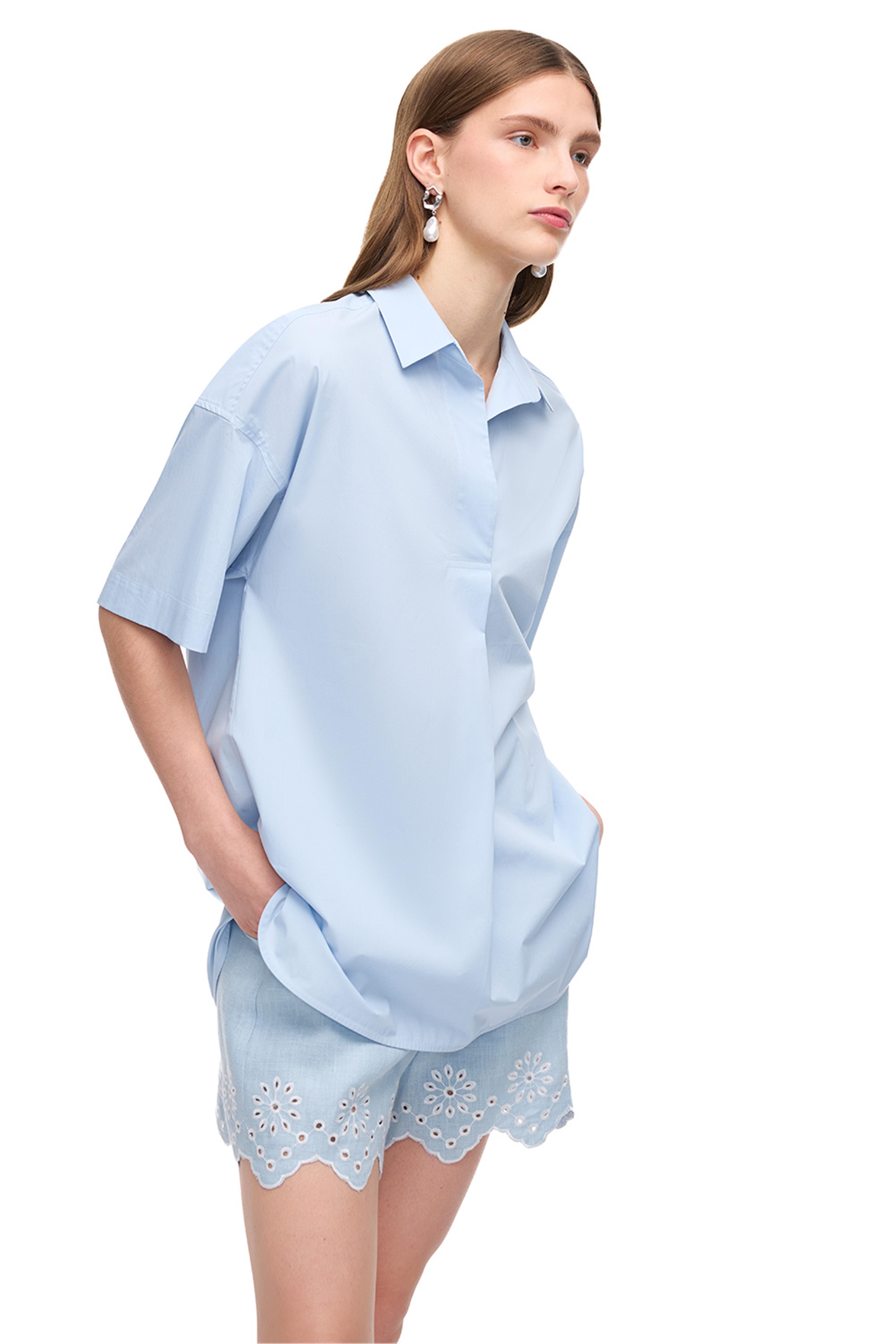 Mavi V Yaka Pamuklu Bluz