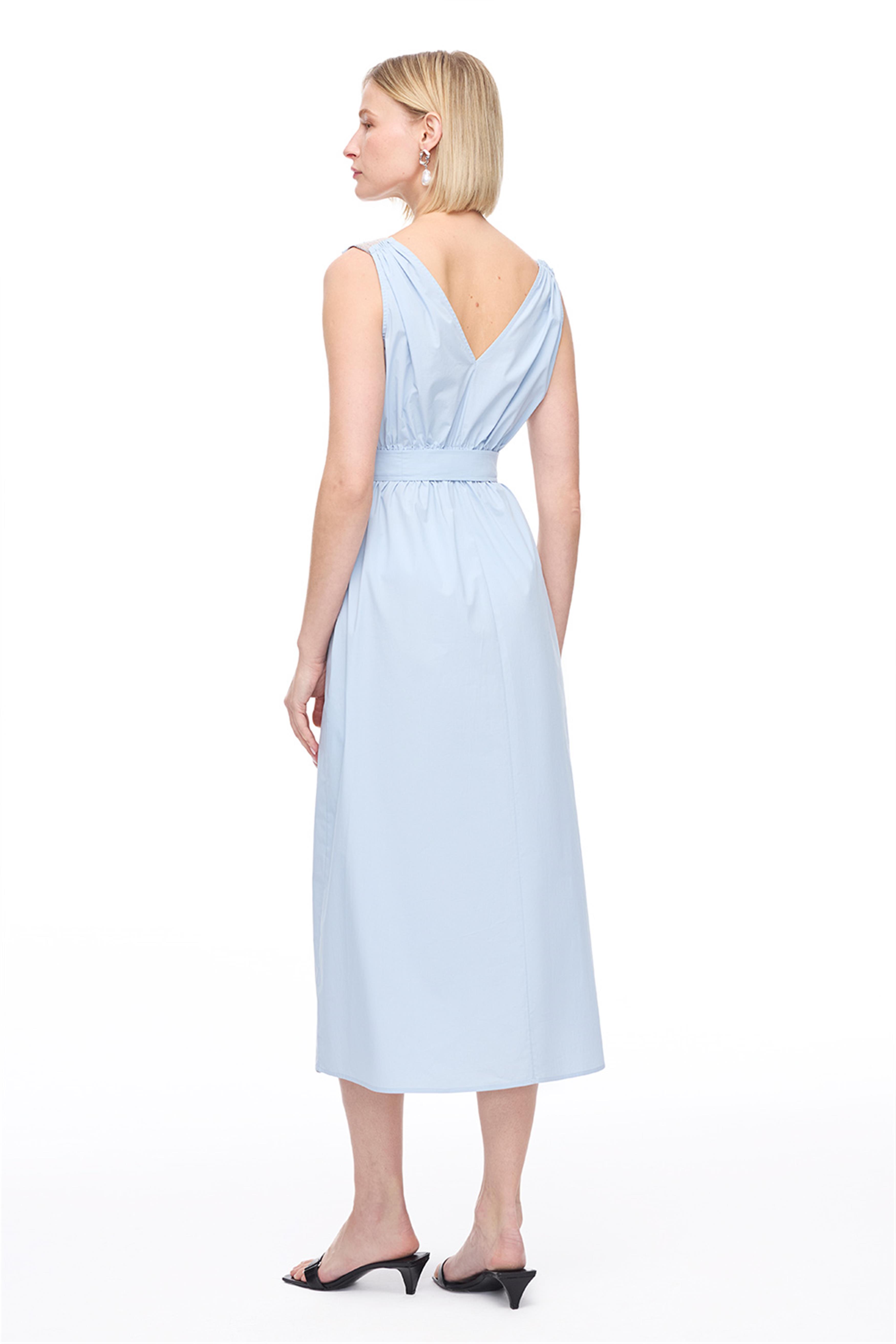 Mavi V-Yaka Pamuklu Midi Elbise