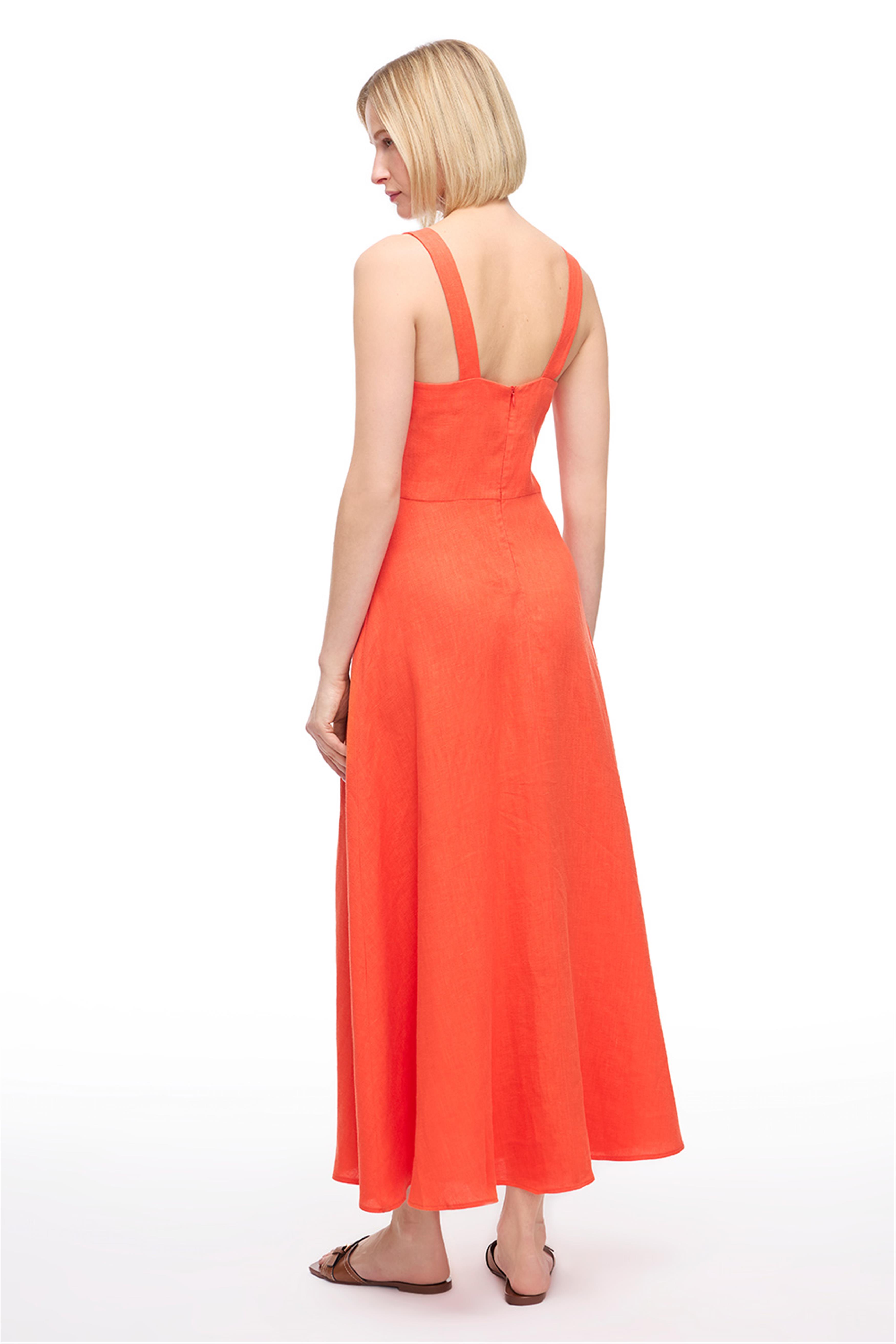 Mercan Kare Yaka Uzun Keten Elbise