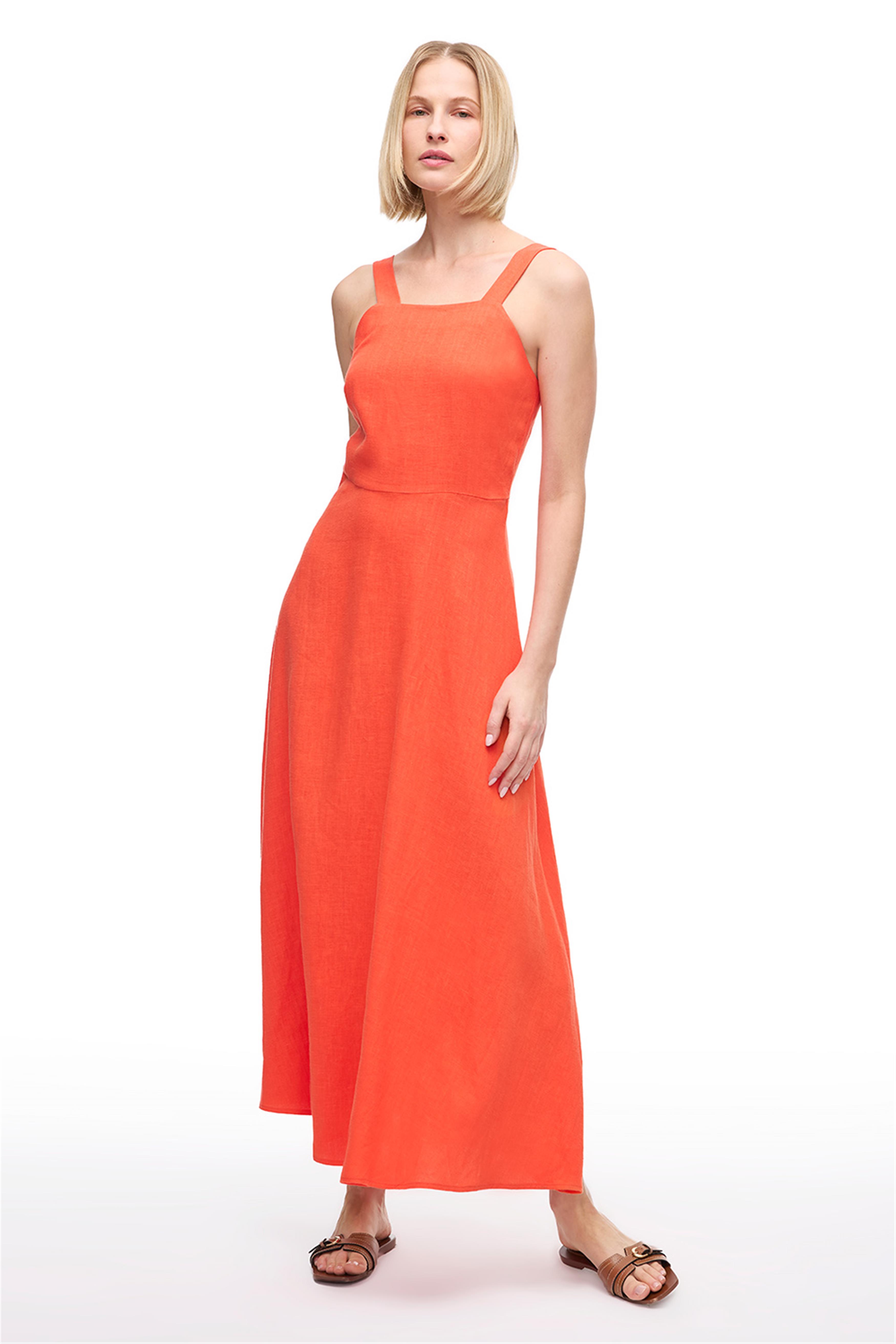 Mercan Kare Yaka Uzun Keten Elbise