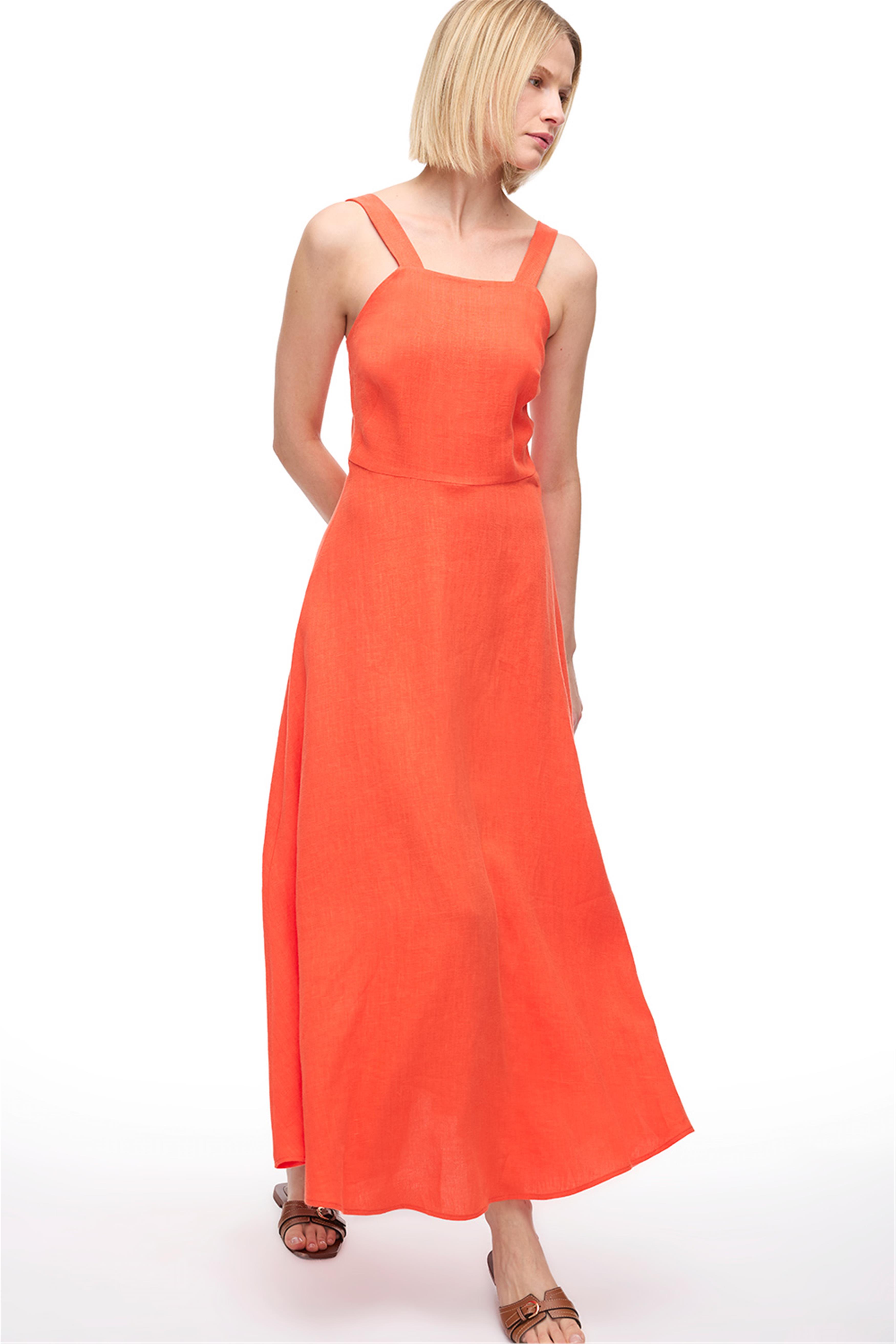 Mercan Kare Yaka Uzun Keten Elbise