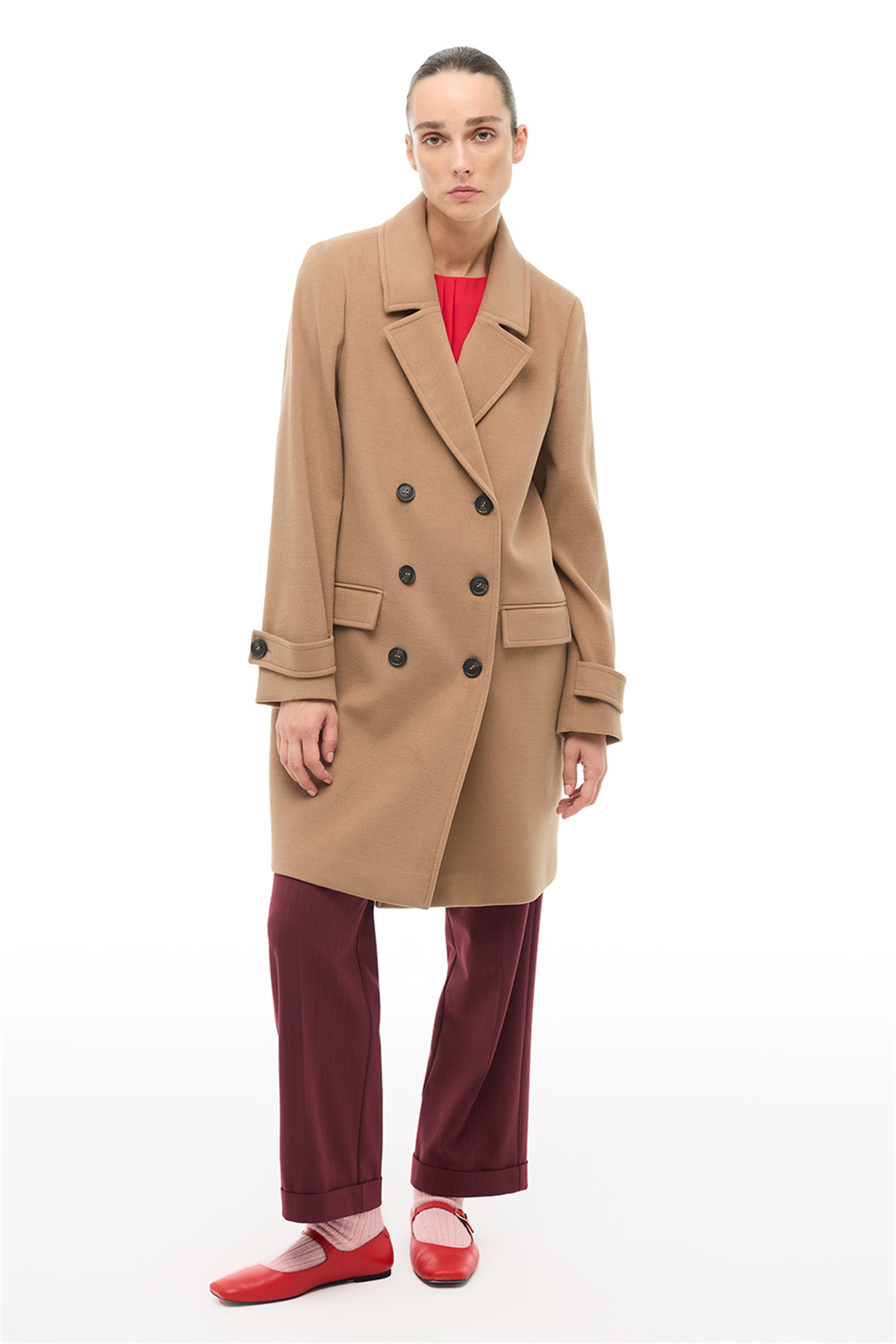 Mona Regular Fit Diz Üstü Takma Kol Erkek Yaka Devetuyu Kaban