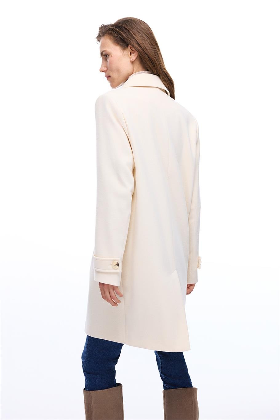 Mona Regular Fit Diz Üstü Takma Kol Erkek Yaka Ekru Kaban