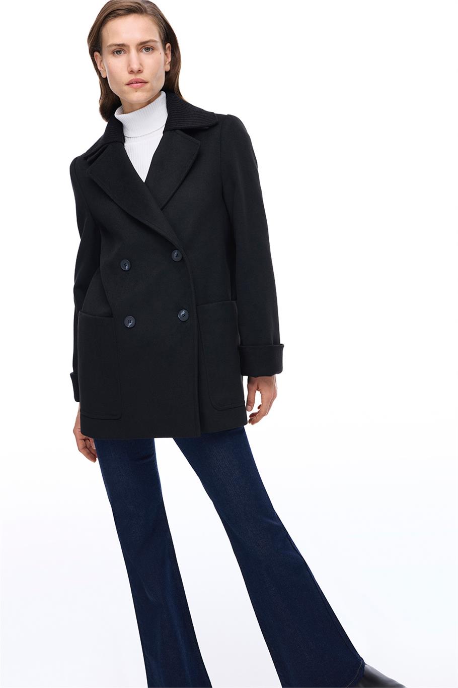 Mona Regular Fit Kısa Boy Takma Kol Erkek Yaka Siyah Renk Kadın Kaban