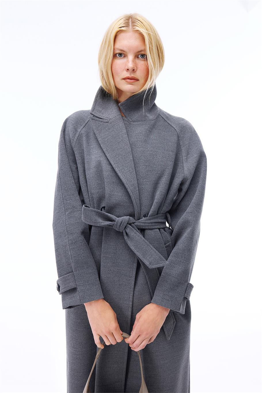 Mona Regular Fit Midi Boy Takma Kol Erkek Yaka Antrasit Renk Kadın Kaban