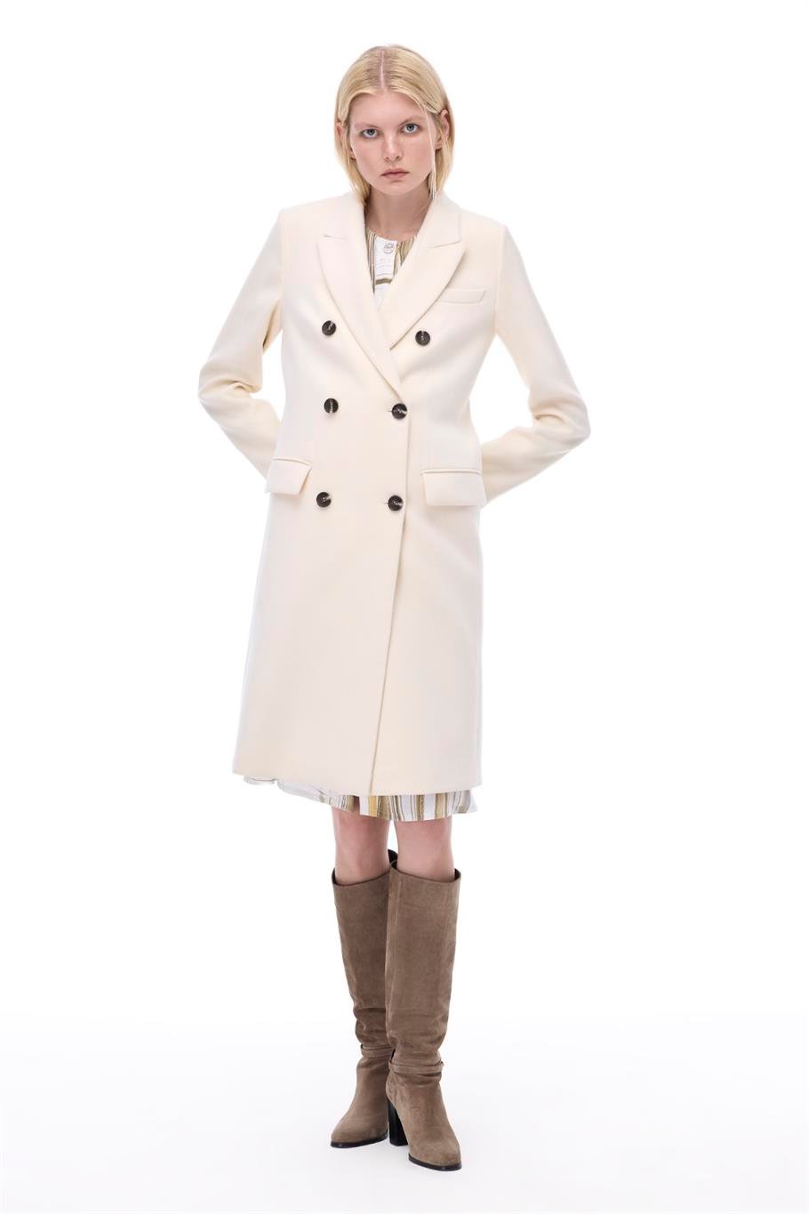 Mona Slim Fit Uzun Boy Takma Kol Erkek Yaka Ekru Renk Kadın Kaban