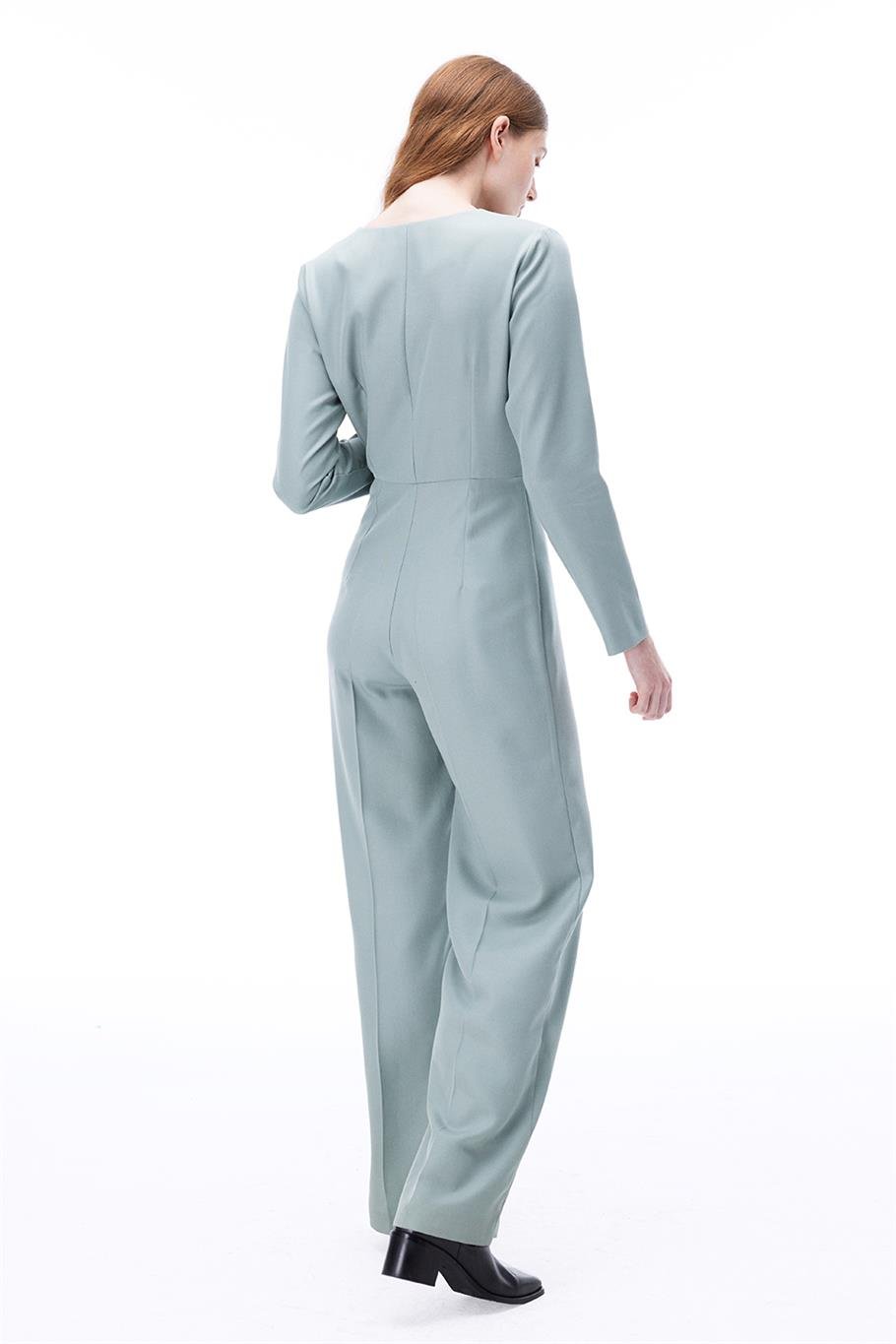 Morla Regular Fit Uzun Boy Takma Kol Yuvarlak Yaka Mint Tulum