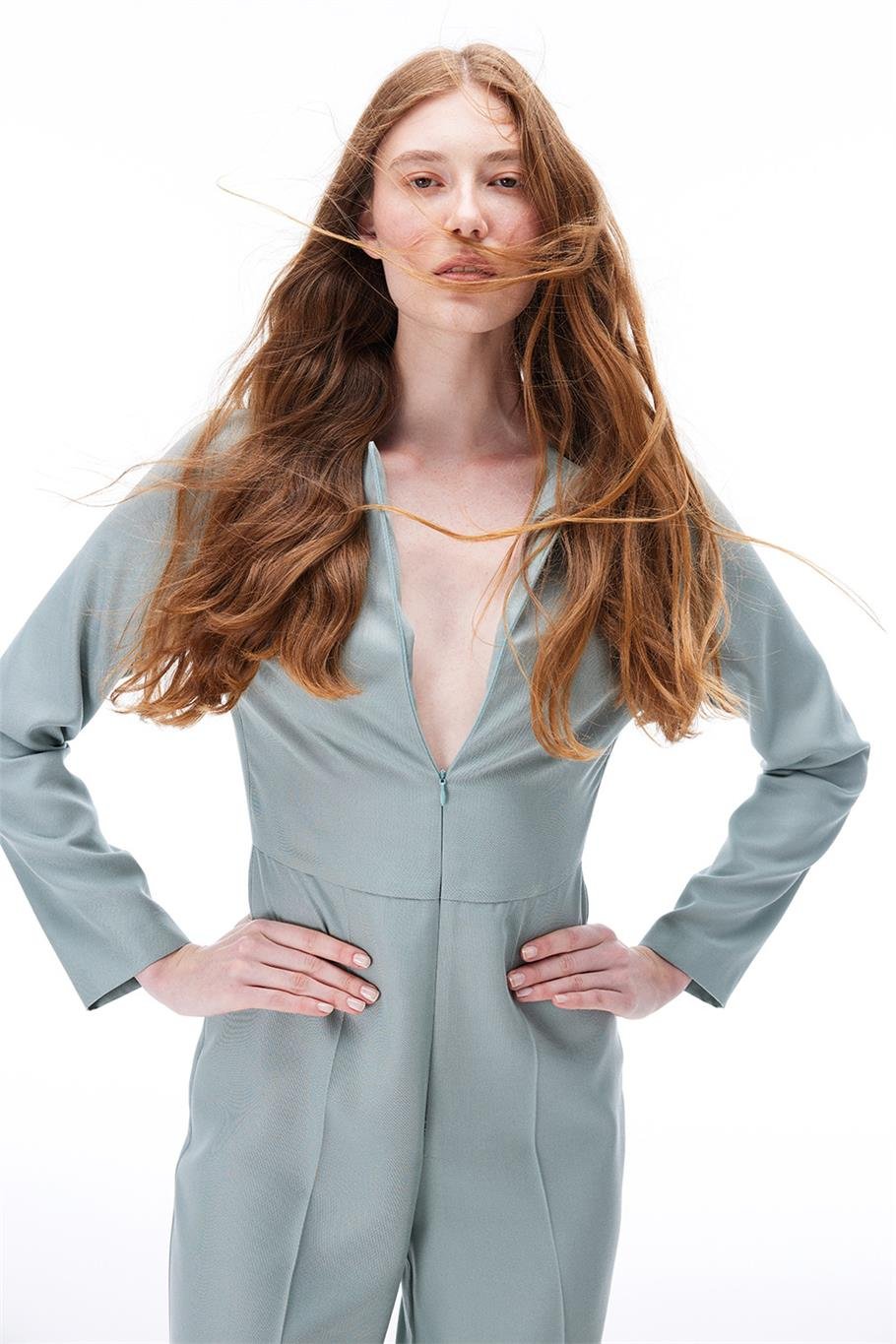 Morla Regular Fit Uzun Boy Takma Kol Yuvarlak Yaka Mint Tulum