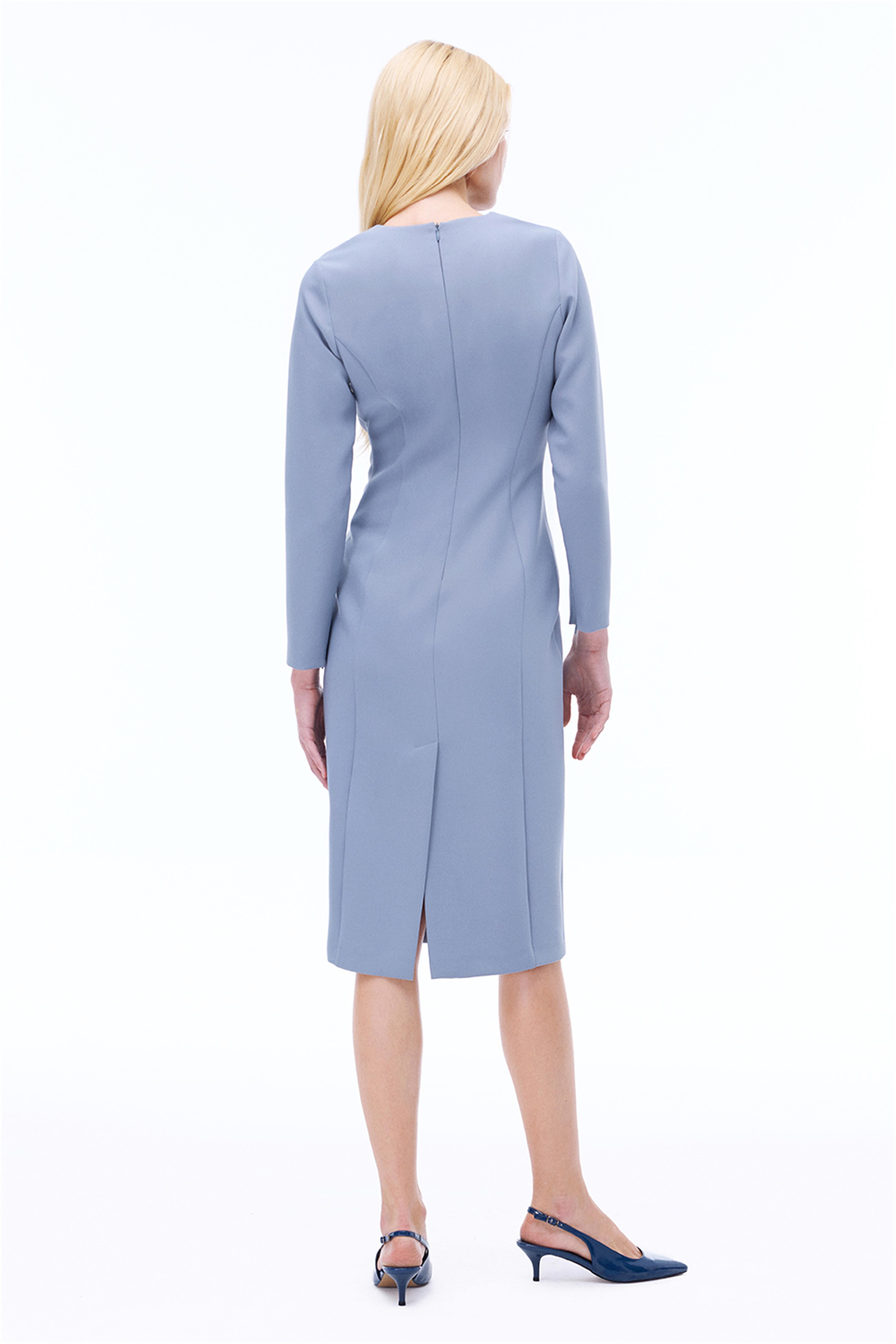 Morningstar Slim Fit Midi Boy Takma Kol Bisiklet Yaka Gri Elbise