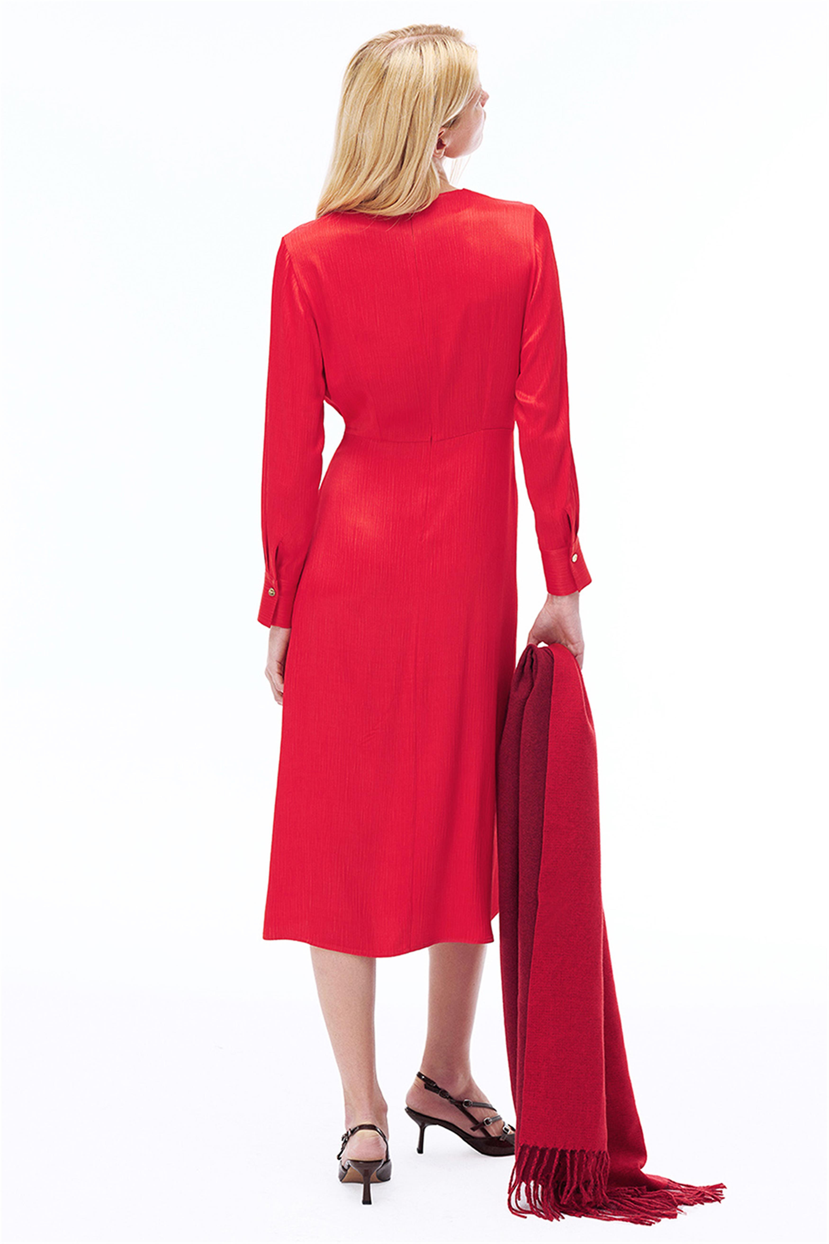 Mudita Regular Fit V-Yaka Kırmızı Renk Elbise