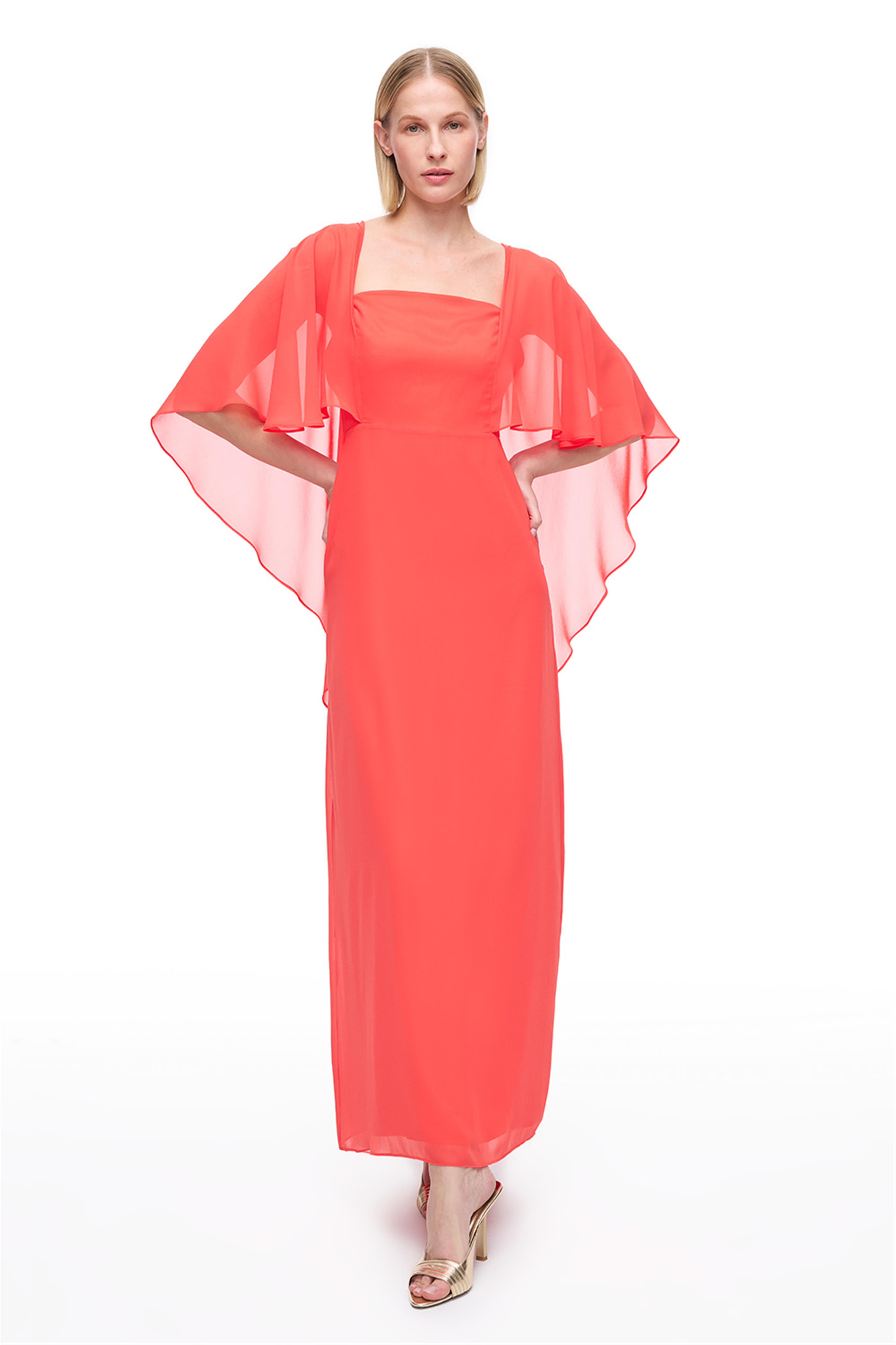 Nar Çiçeği Kare Yaka Kısa Kollu Elbise