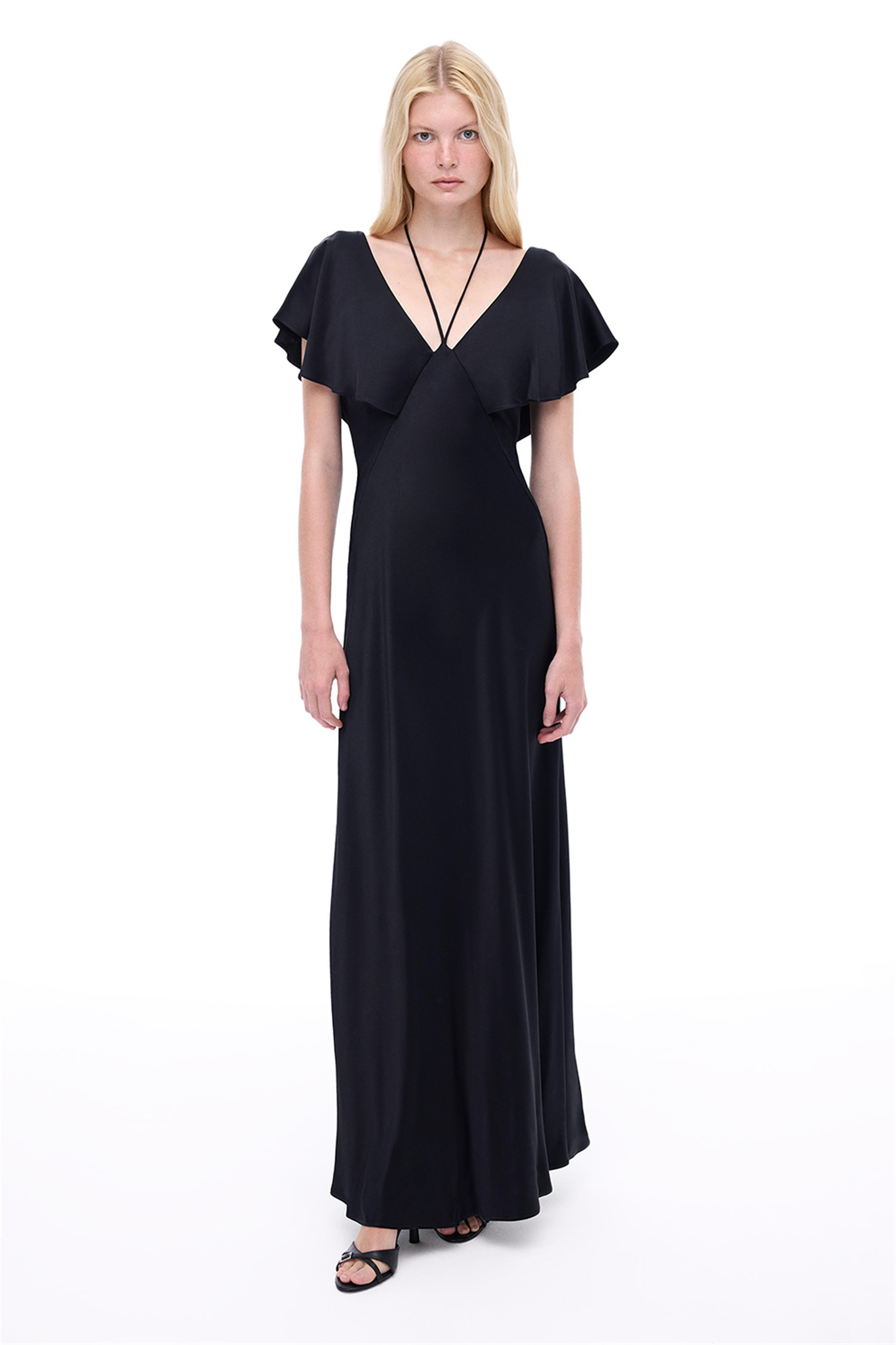 Pandoras Regular Fit Bilek Boy Sıfır Kol V-Yaka Siyah Elbise