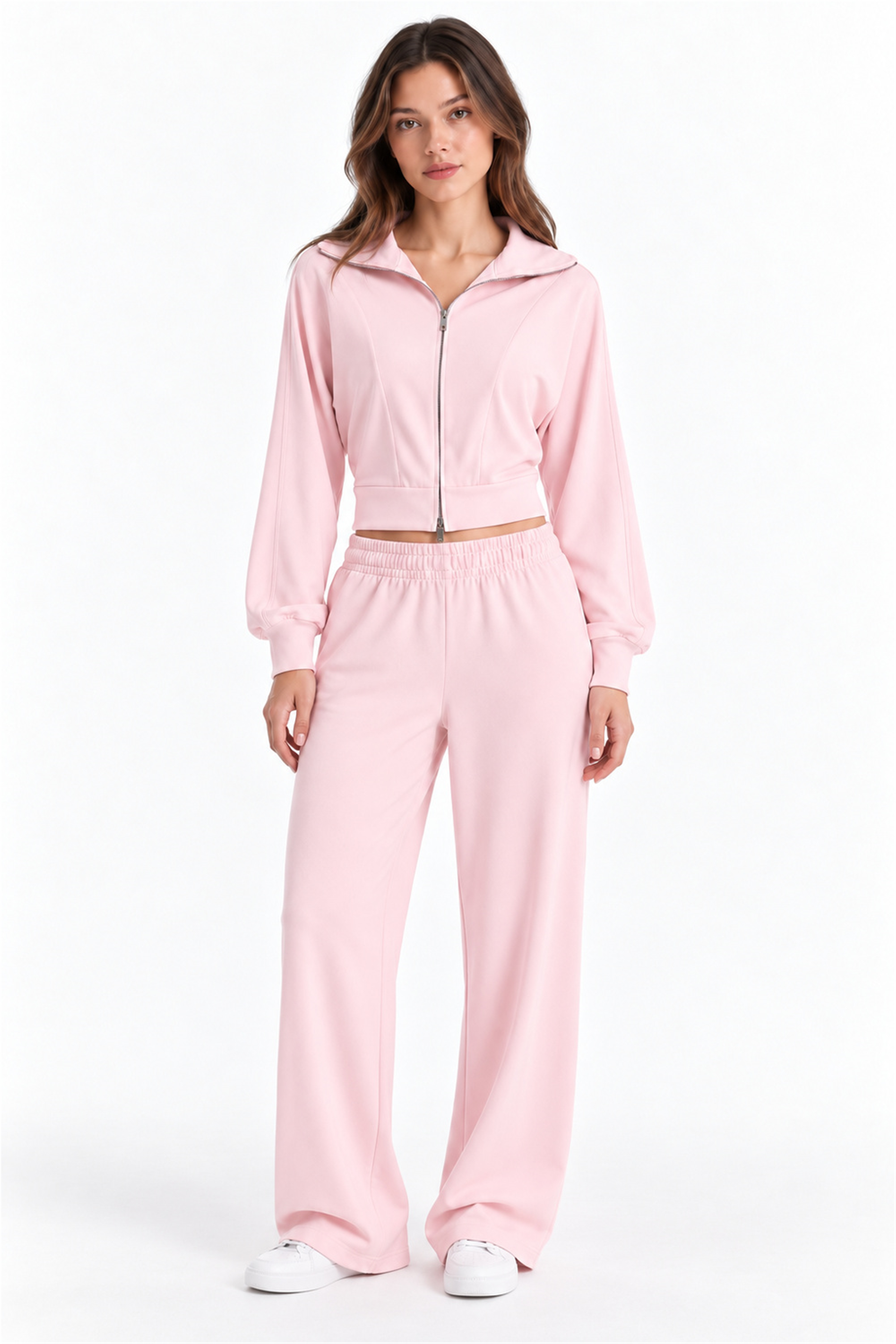 Pembe Fermuarlı Crop Eşofman Takımı