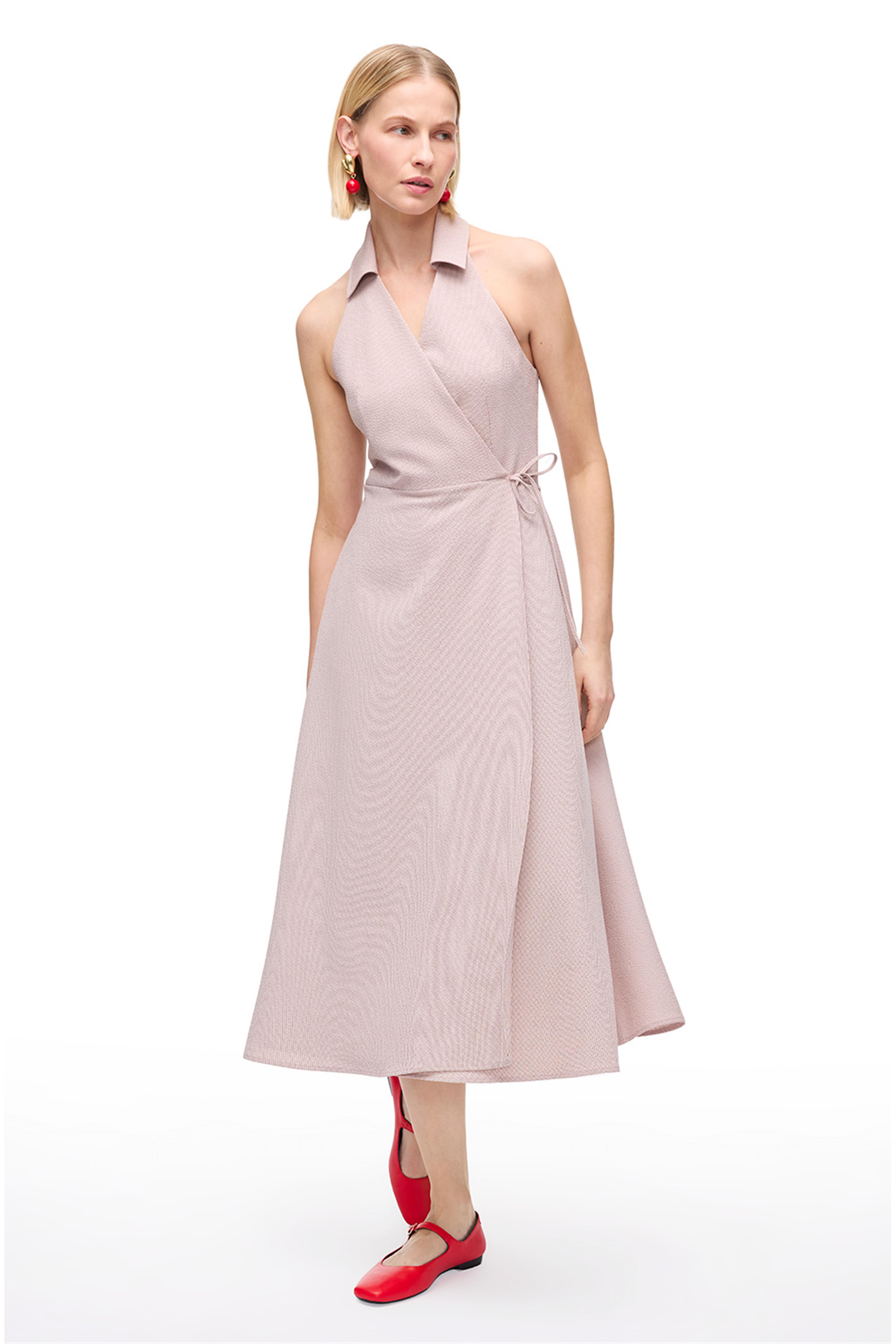 Pembe Gömlek Yaka Midi Elbise