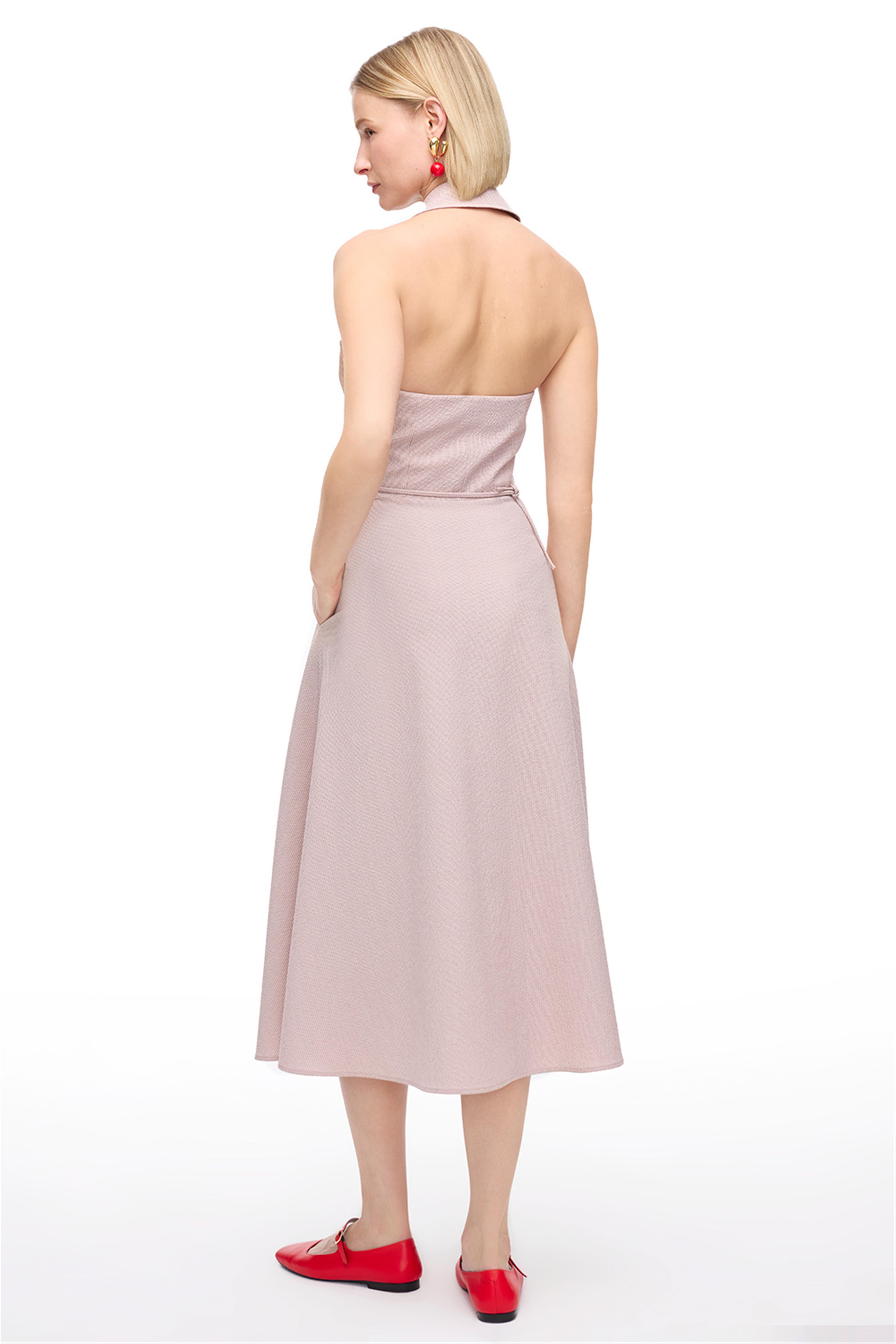 Pembe Gömlek Yaka Midi Elbise