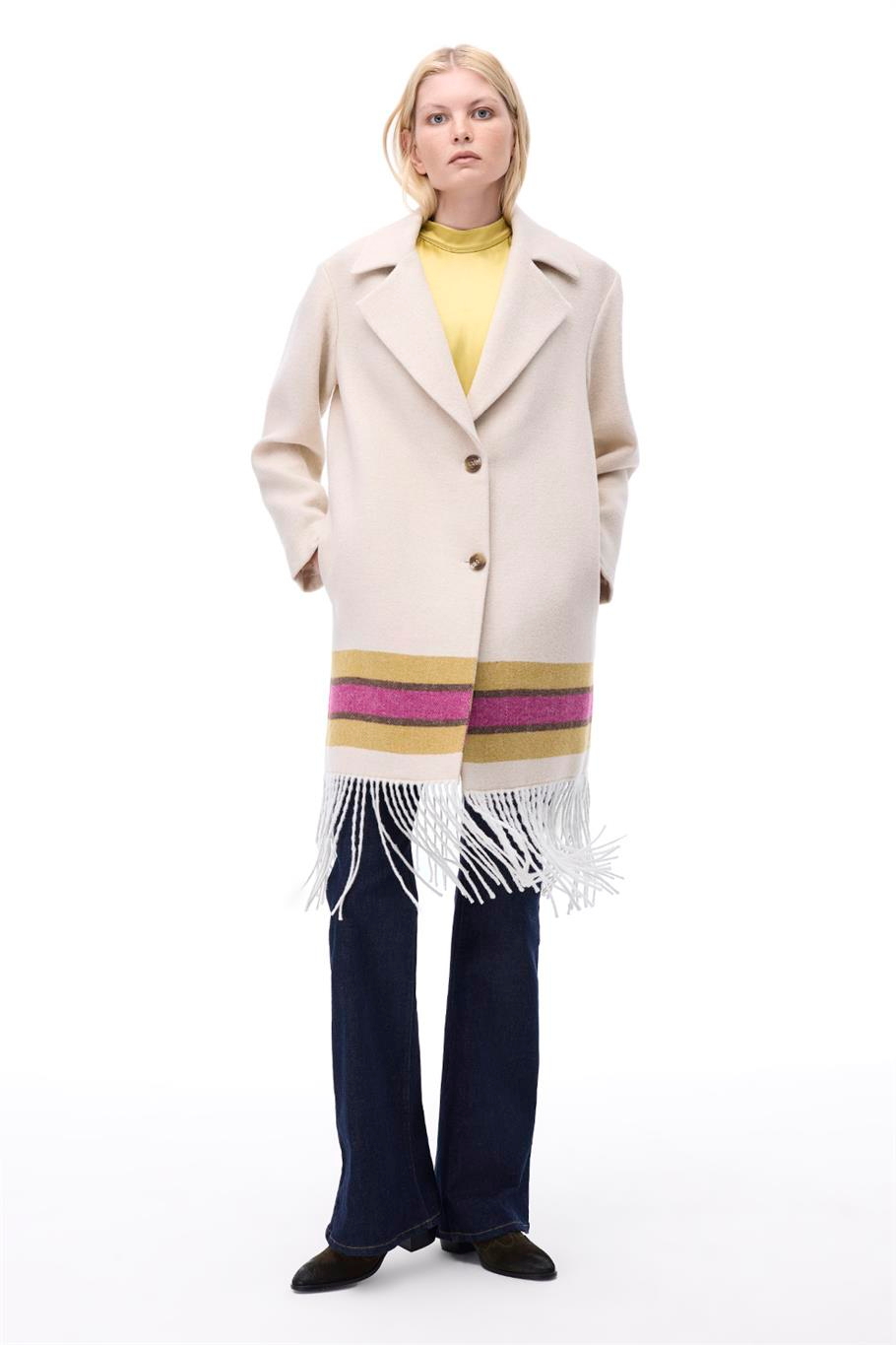 Pleasant Rahat Kalıp Diz Boy Ceket Yaka Bej Renk Kadın Kaban