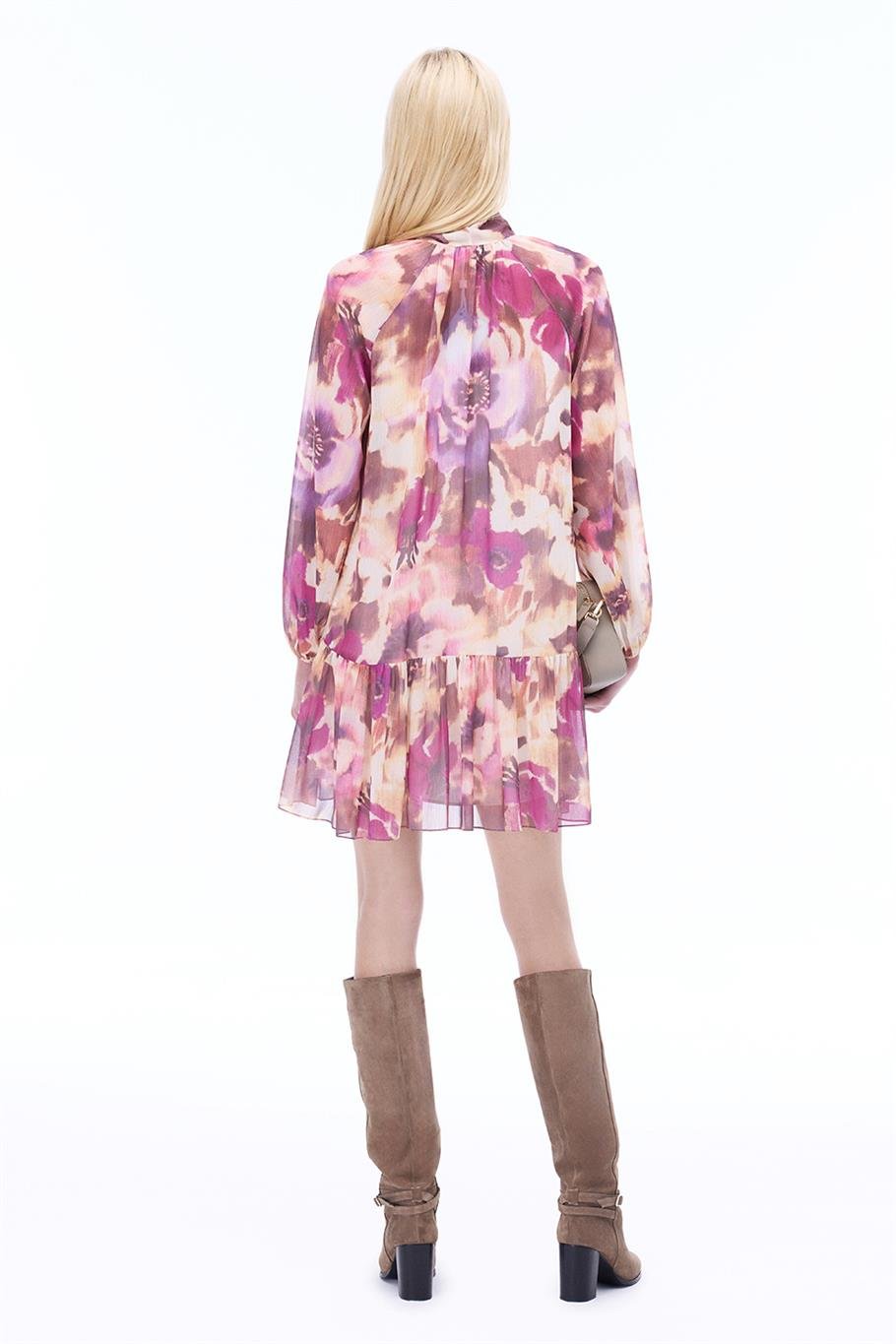 Poseidon Çiçek Desenli Diz Üstü Reglan Kol Bağlamalı Yaka Çok Renkli Elbise