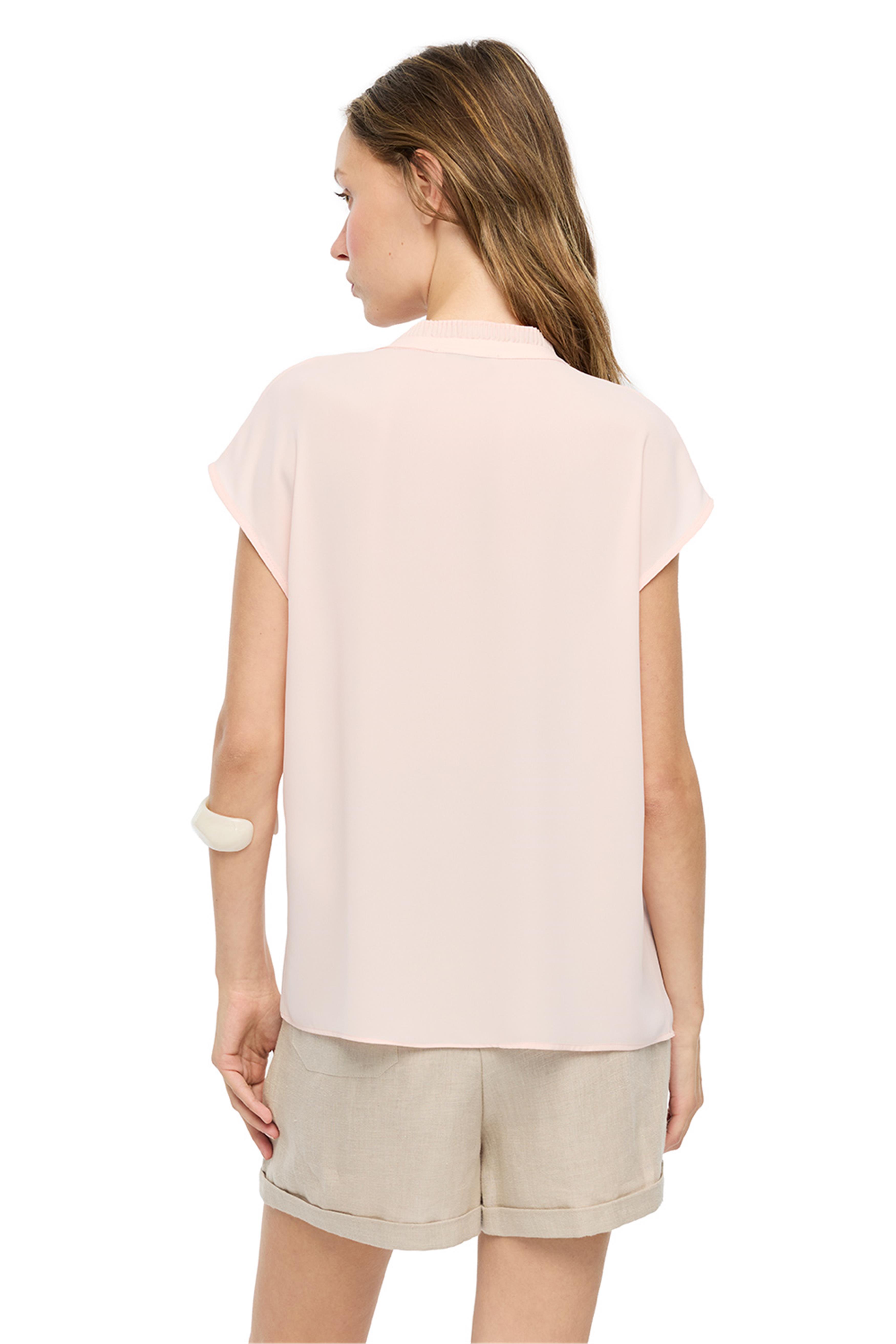 Pudra V-Yaka Düşük Kollu Bağcık Detaylı Bluz