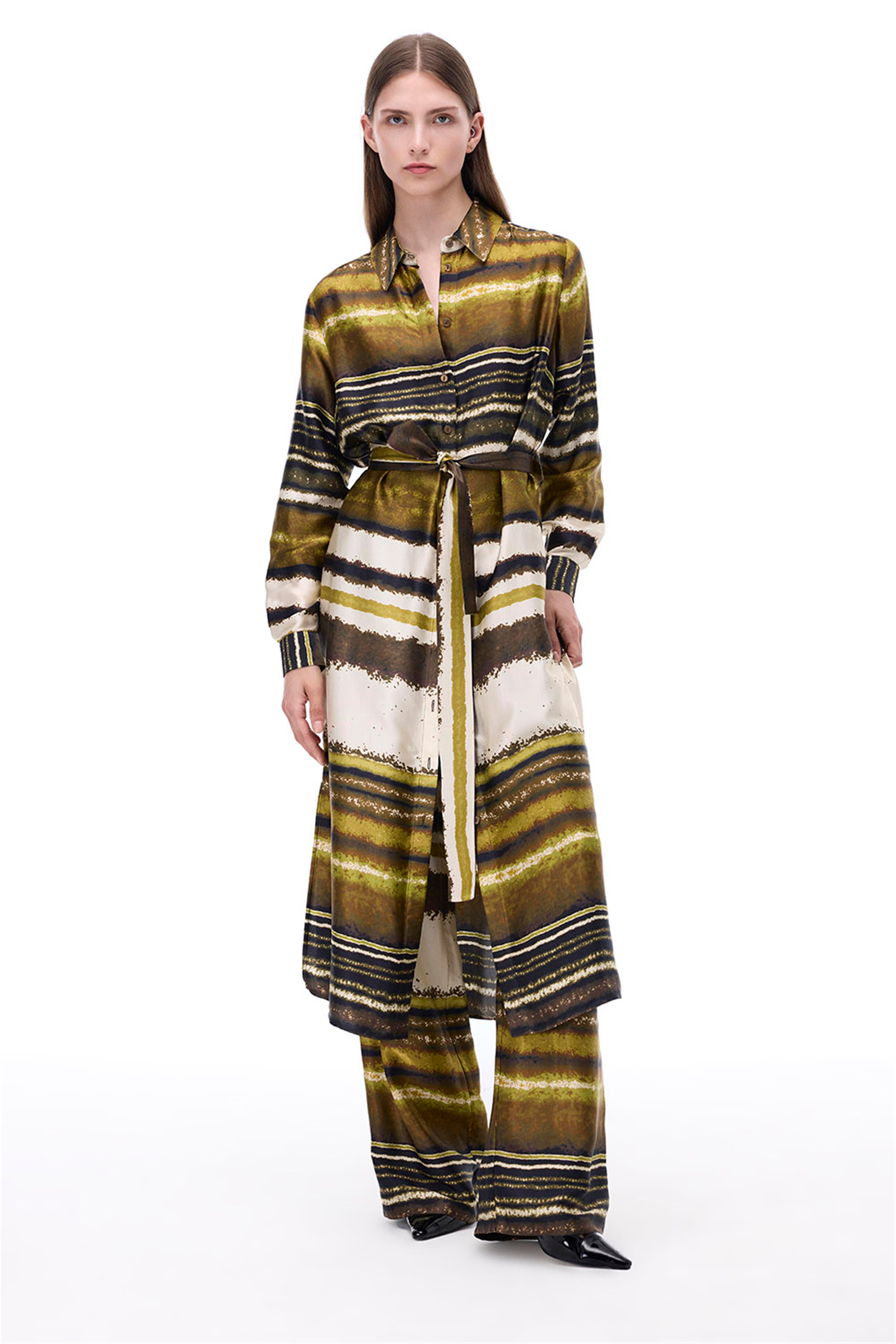 Retro Rahat Kalıp Midi Boy Takma Kol Gömlek Yaka Çok Renkli Elbise