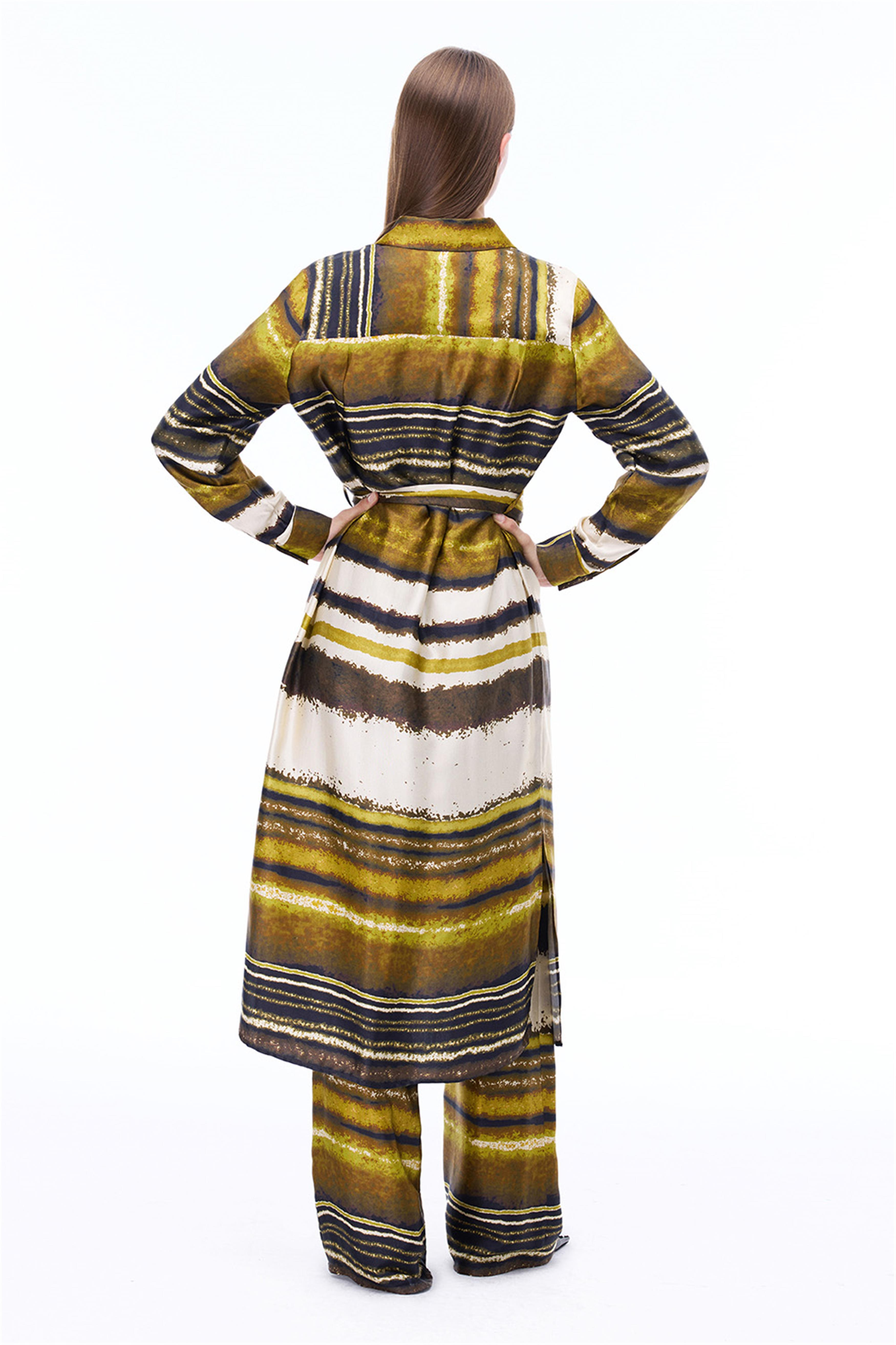 Retro Rahat Kalıp Midi Boy Takma Kol Gömlek Yaka Çok Renkli Elbise