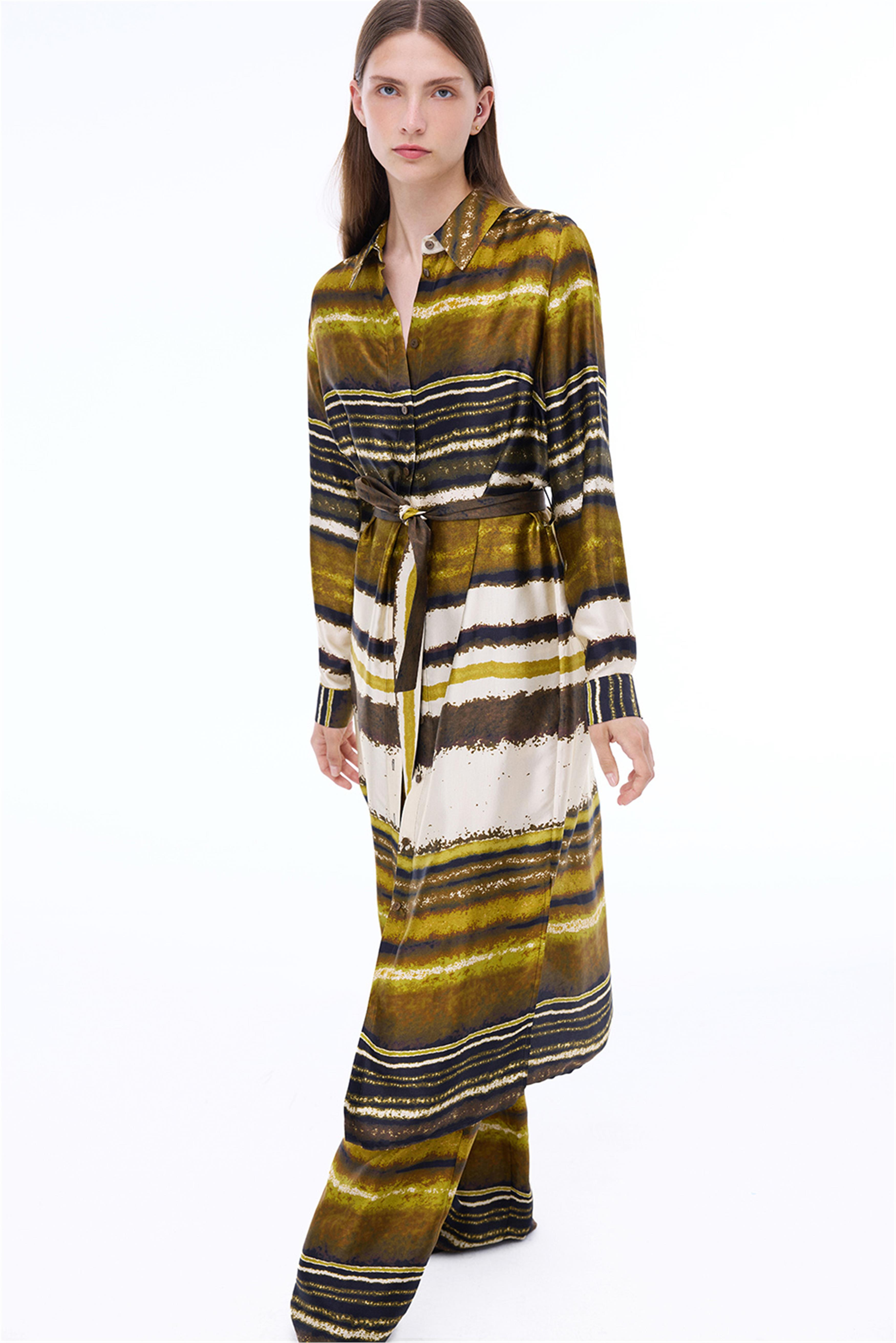 Retro Rahat Kalıp Midi Boy Takma Kol Gömlek Yaka Çok Renkli Elbise