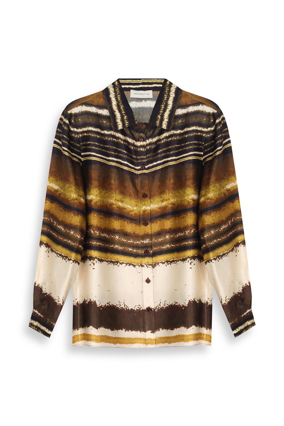 Retro Regular Fit Geometrik Desenli Standart Boy Takma Kol Gömlek Yaka Çok Renkli Kadın Gömlek