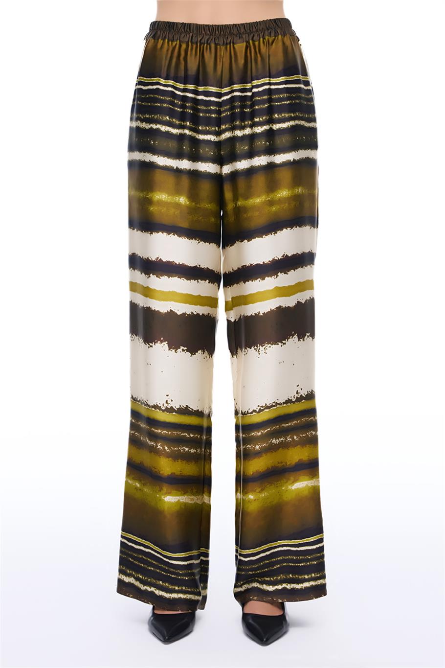 Retro Regular Fit Geometrik Desenli Uzun Boy Geniş Paça Çok Renkli Kadın Pantolon