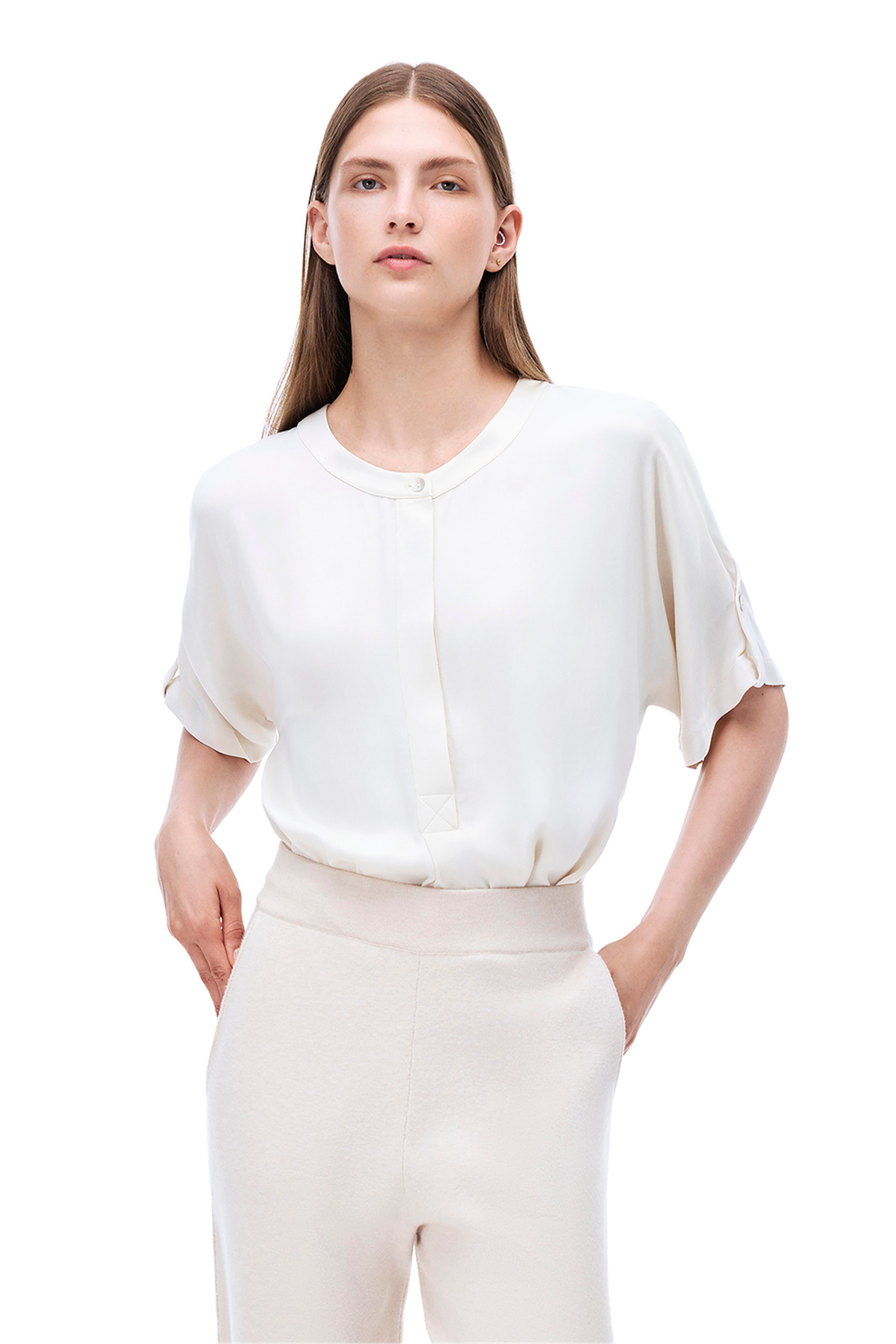 Safira Regular Fit Standart Boy Düşük Kollu Bisiklet Yaka Ekru Renk Kadın Bluz