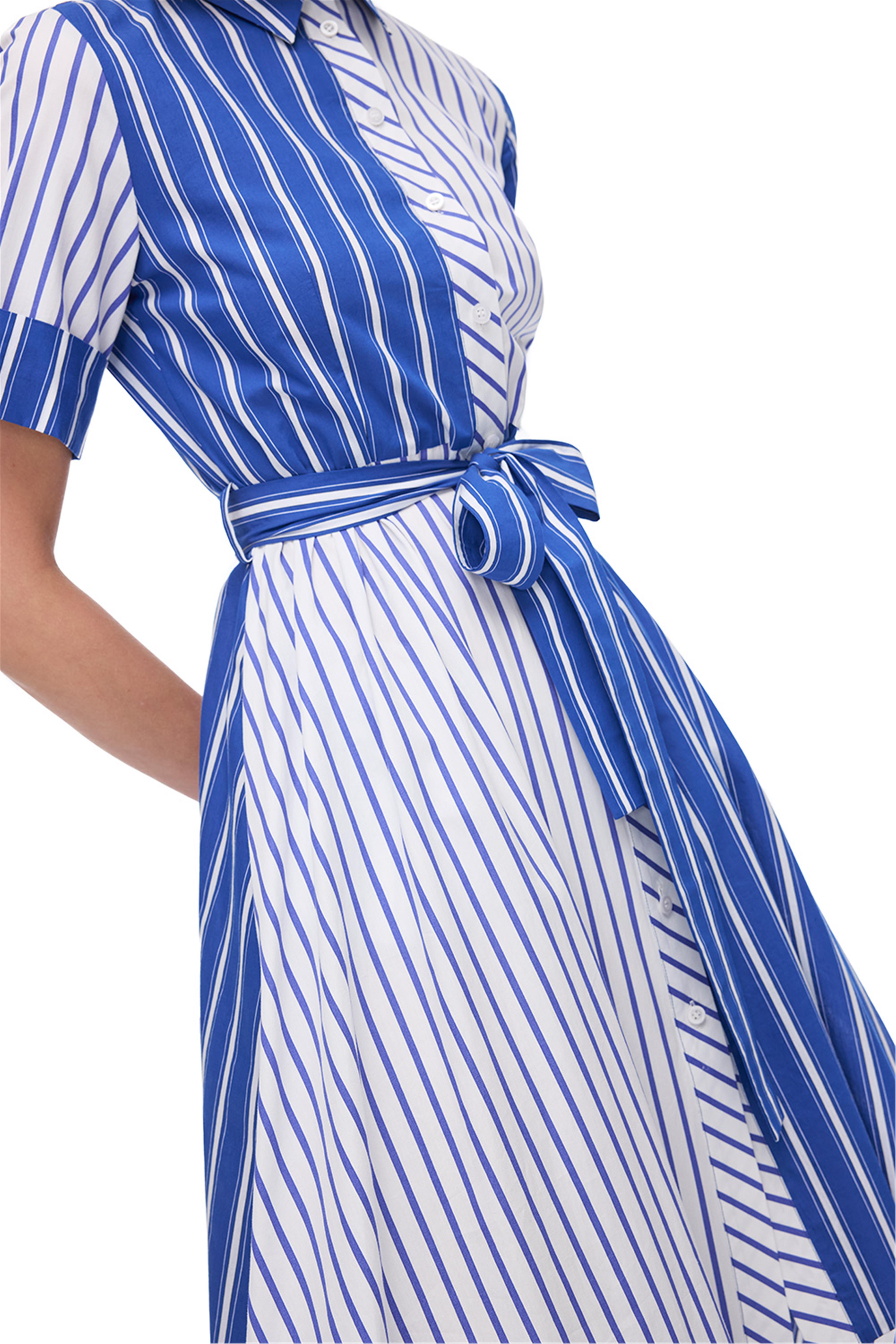 Saks Çizgili Düğmeli Uzun Elbise