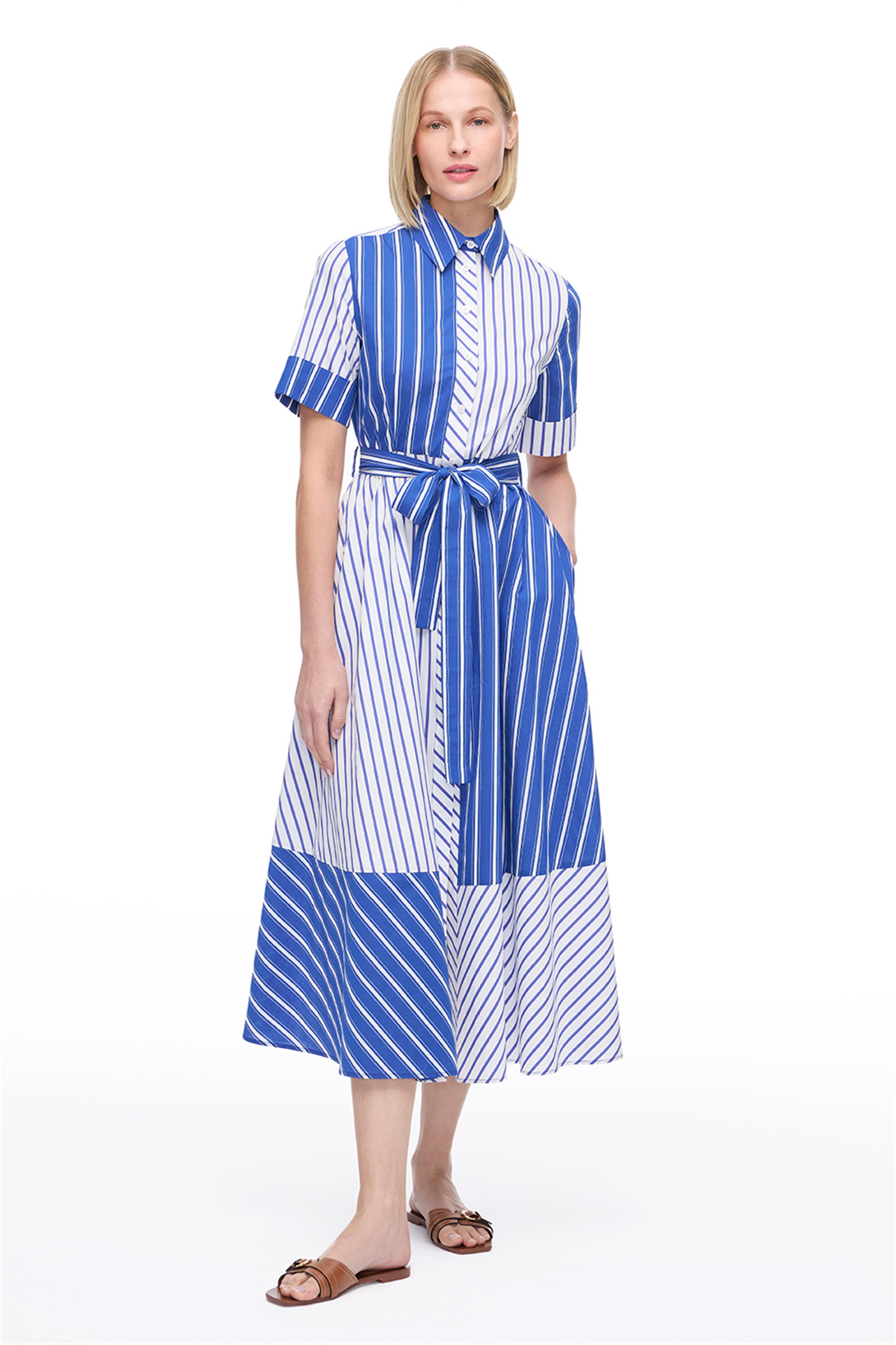 Saks Çizgili Düğmeli Uzun Elbise